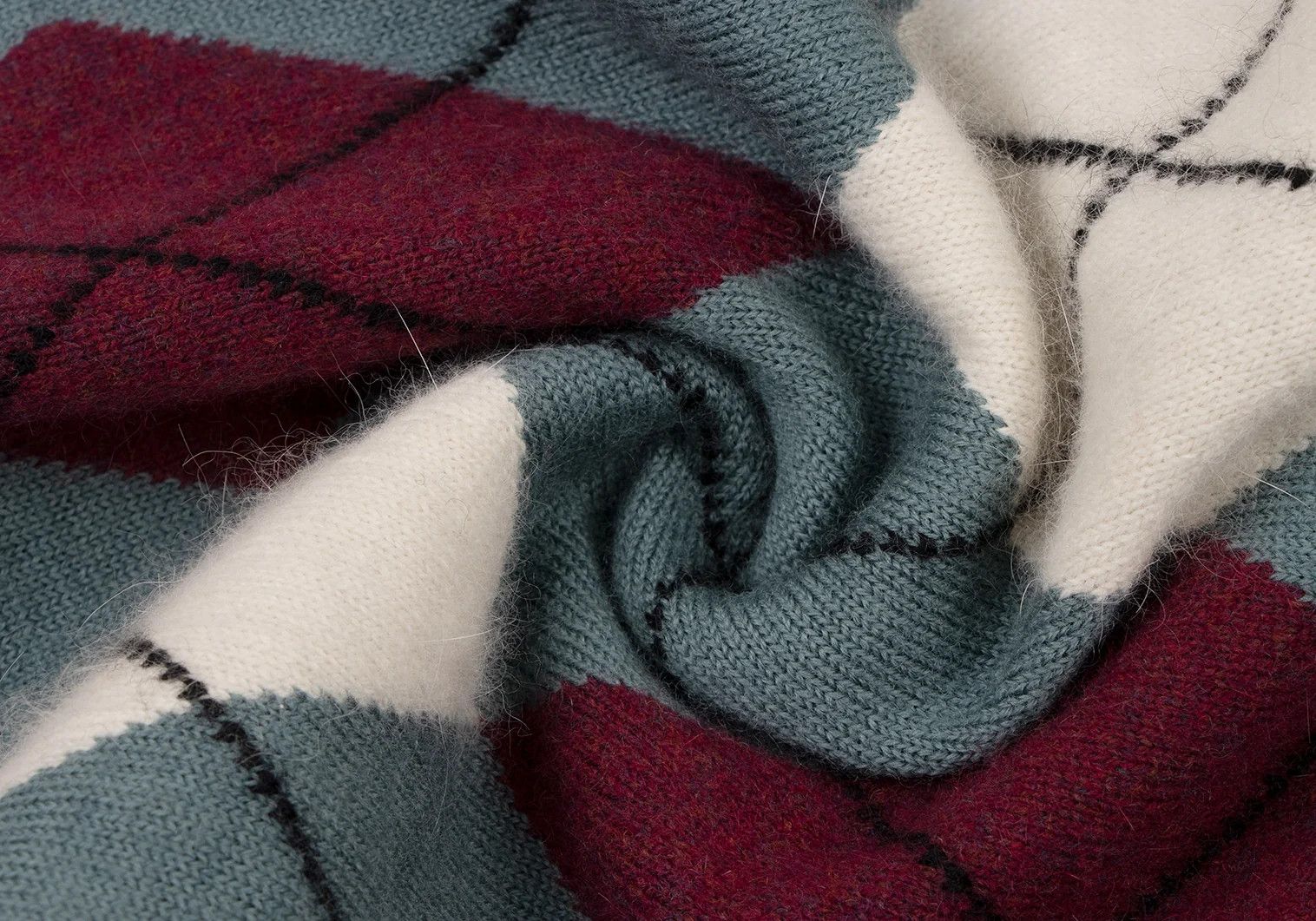 Jean Paul Gaultier Argyle Check Fringe Stole in Blue, Burdy, White Size ONE SIZE - 7 Thumbnail