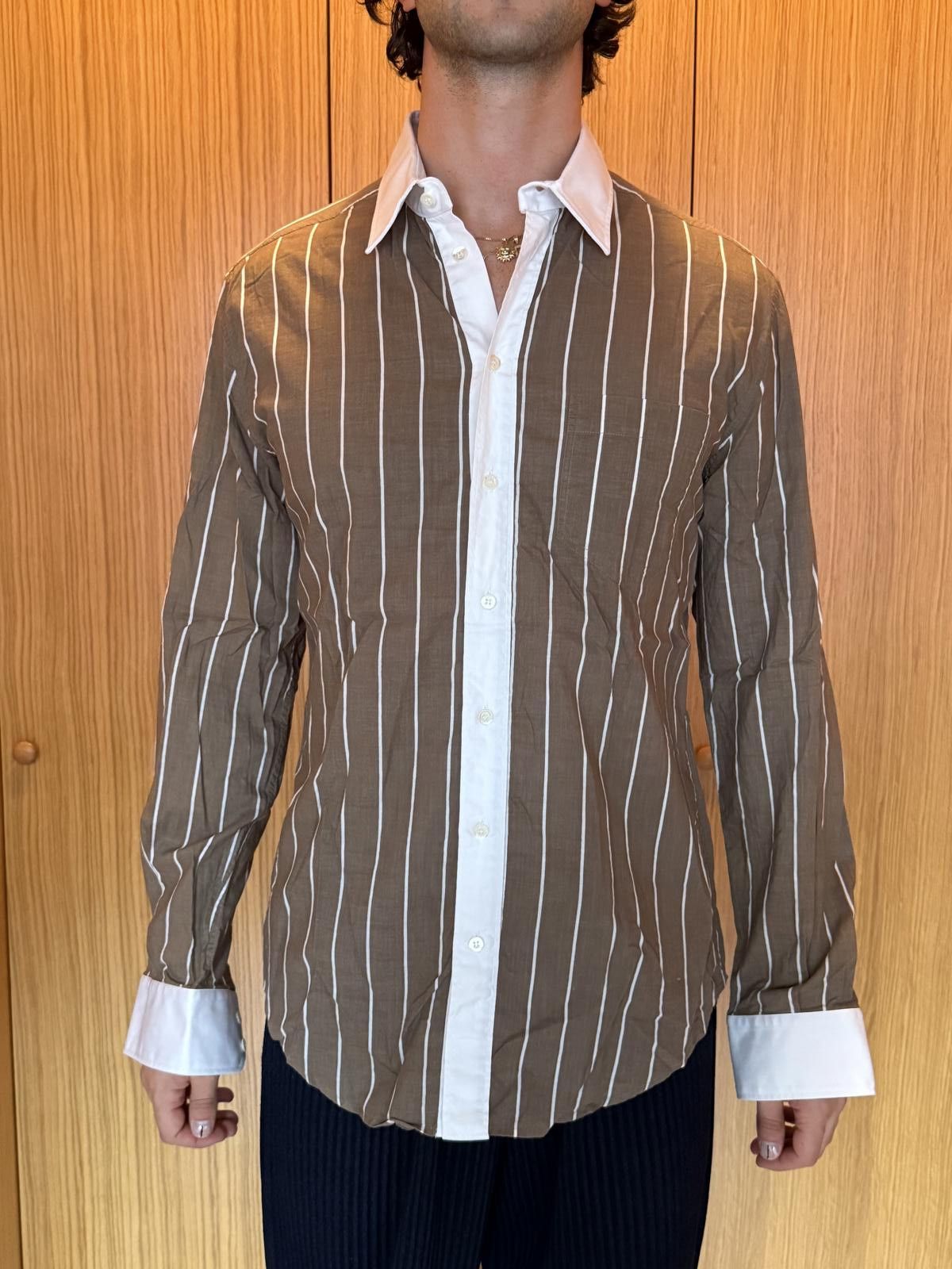 D.Gnak By Kang.D D&G Men's Brown and White Striped Slim Fit Dress Shirt Size US M / EU 48-50 / 2 - 1 Thumbnail