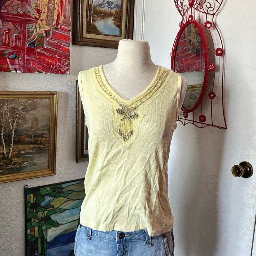 Faded Glory faded glory yellow beaded ribbed tank top Size L / US 10 / IT 46 - 1 Thumbnail
