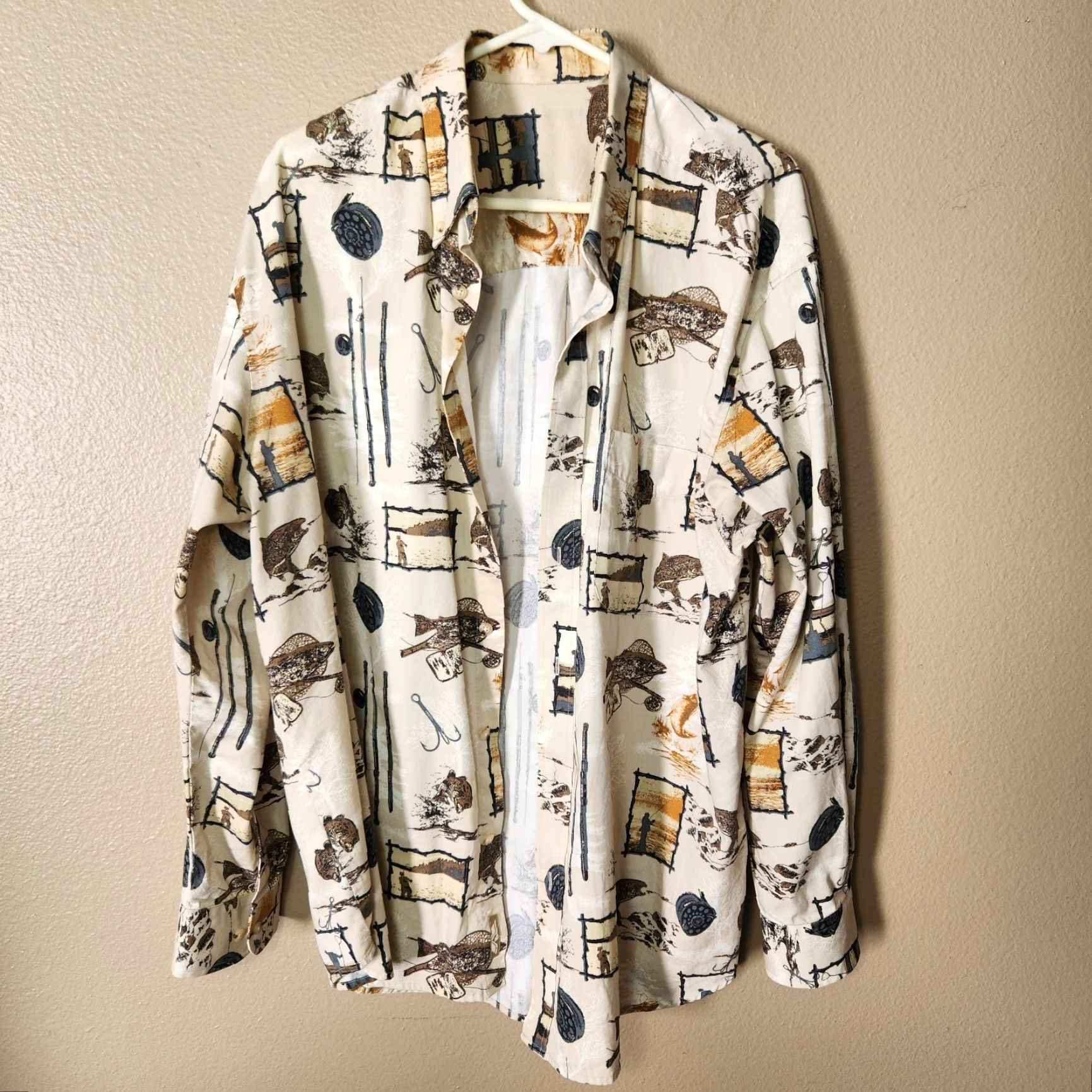 Vintage Natural Issue Fly Fishing Printed Button-Down Long Sleeve Cotton Shirt XL Men Beige Casual Shirts Mens Size US XL / EU 56 / 4 - 2 Thumbnail