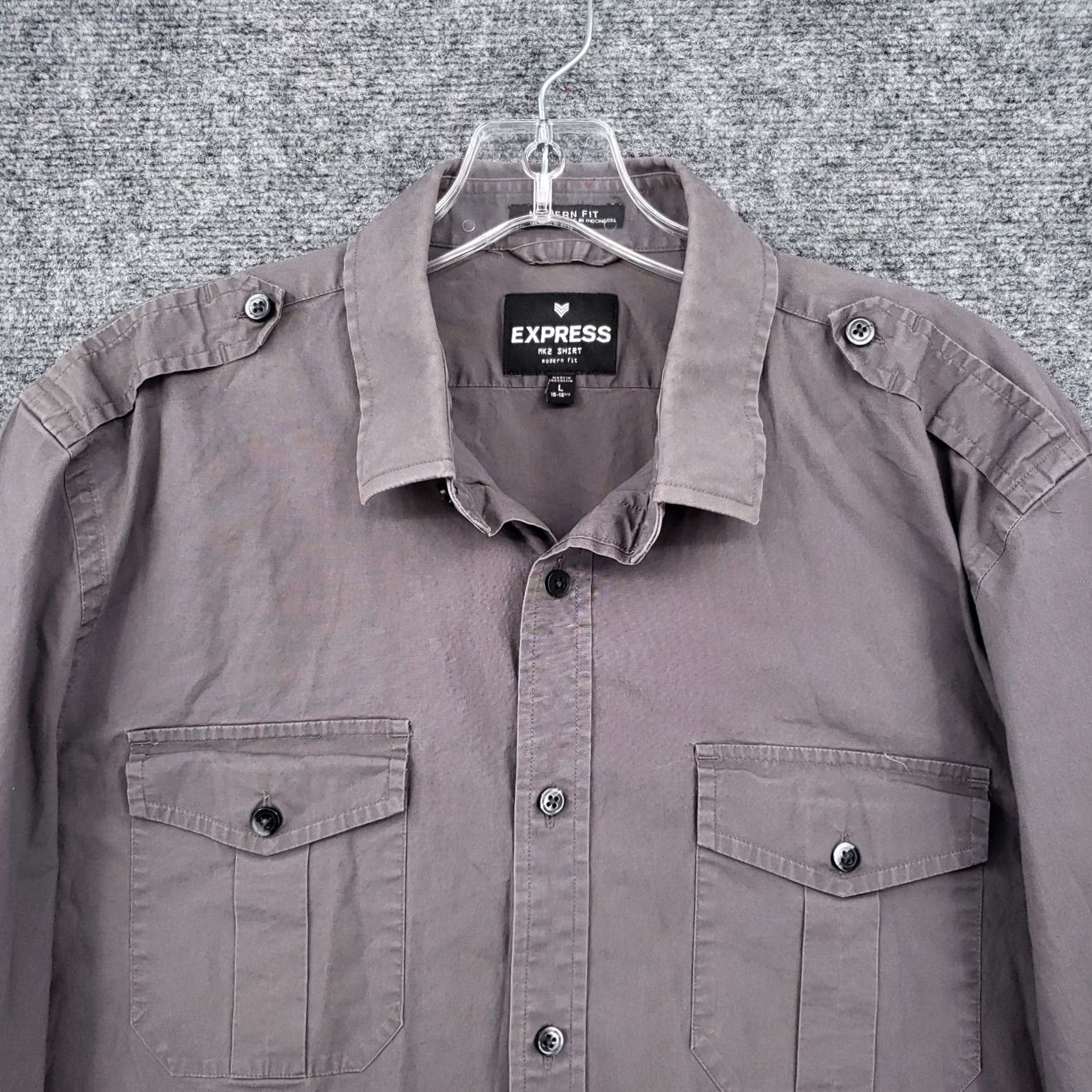Express Express Button Up Shirt Mens Large Gray Military Stretch Modern Fit Size US L / EU 52-54 / 3 - 3 Thumbnail