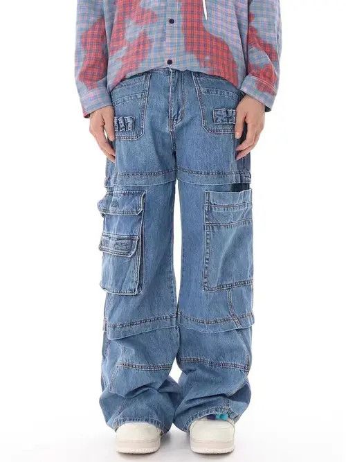 image of Retro Washed Distressed Multi-Pocket Cargo Jeans in Blue, Men's (Size 32)