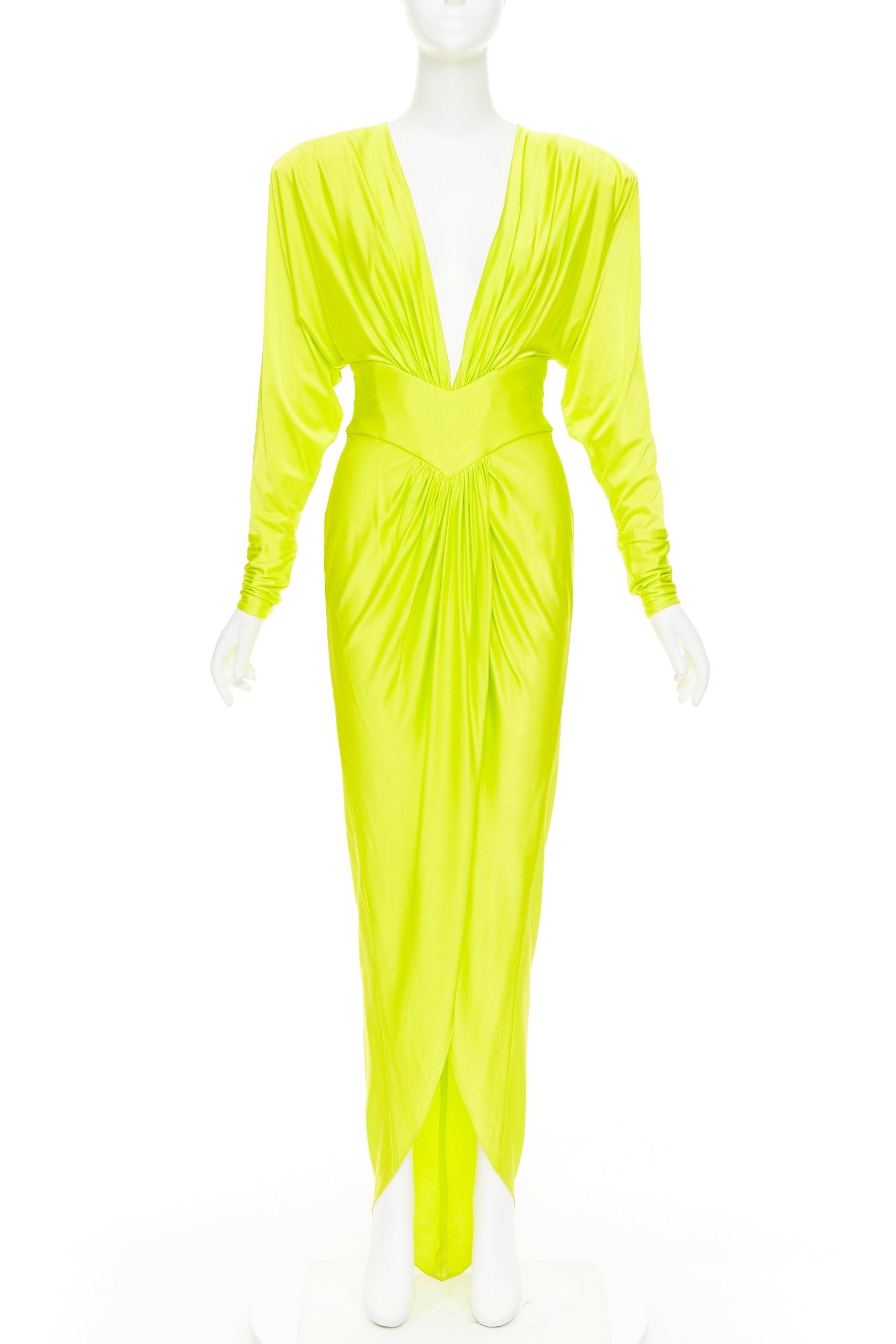 Alexandre Vauthier ALEXANDRE VAUTHIER neon yellow viscose Power shoulder plunge drape dress Size S / US 4 / IT 40 - 1 Thumbnail