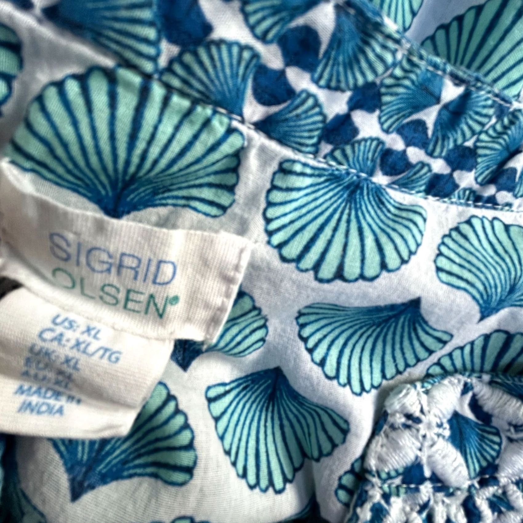 Vintage Sigrid Olsen Womens Blue & White Shell Print 3/4 Sleeve Tunic Top XL Cotton Size XL / US 12-14 / IT 48-50 - 3 Thumbnail