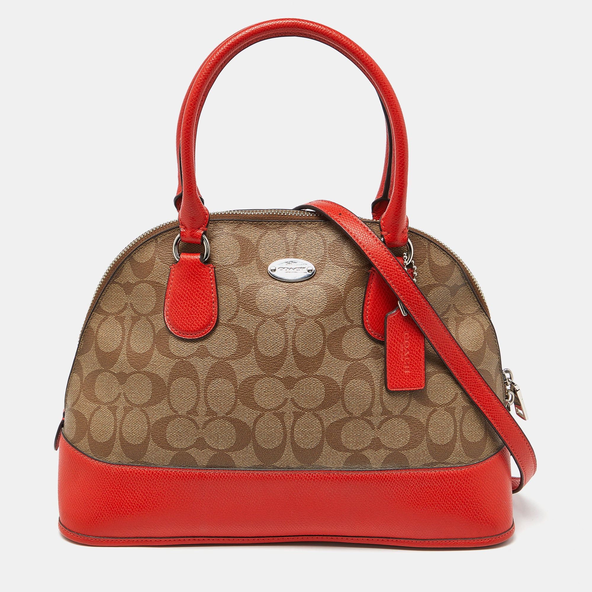 image of Coach Brown/orange Signature Coated Canvas And Leather Cora Dome Satchel, Women's