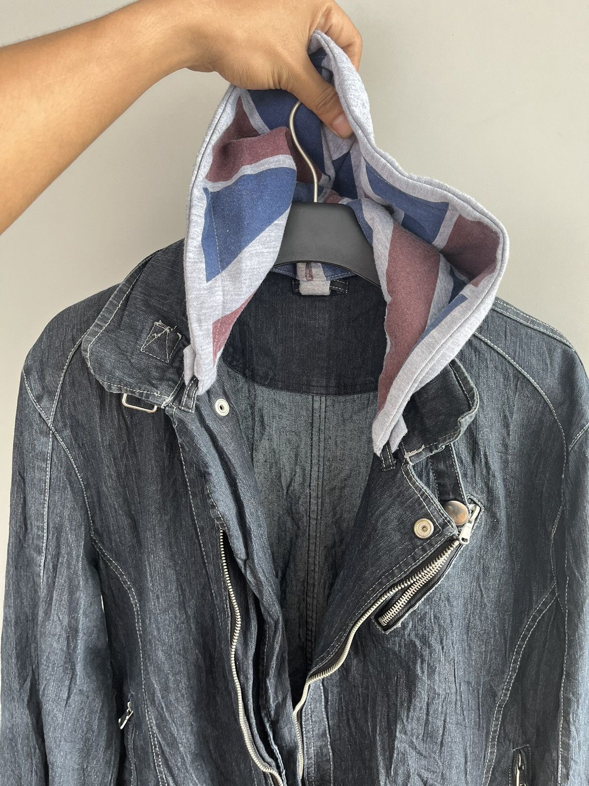 image of 14Th Addiction x Kmrii Semantic Design Japanese Biker Denim Jacket Hoodie Punk, Men's (Size Large)
