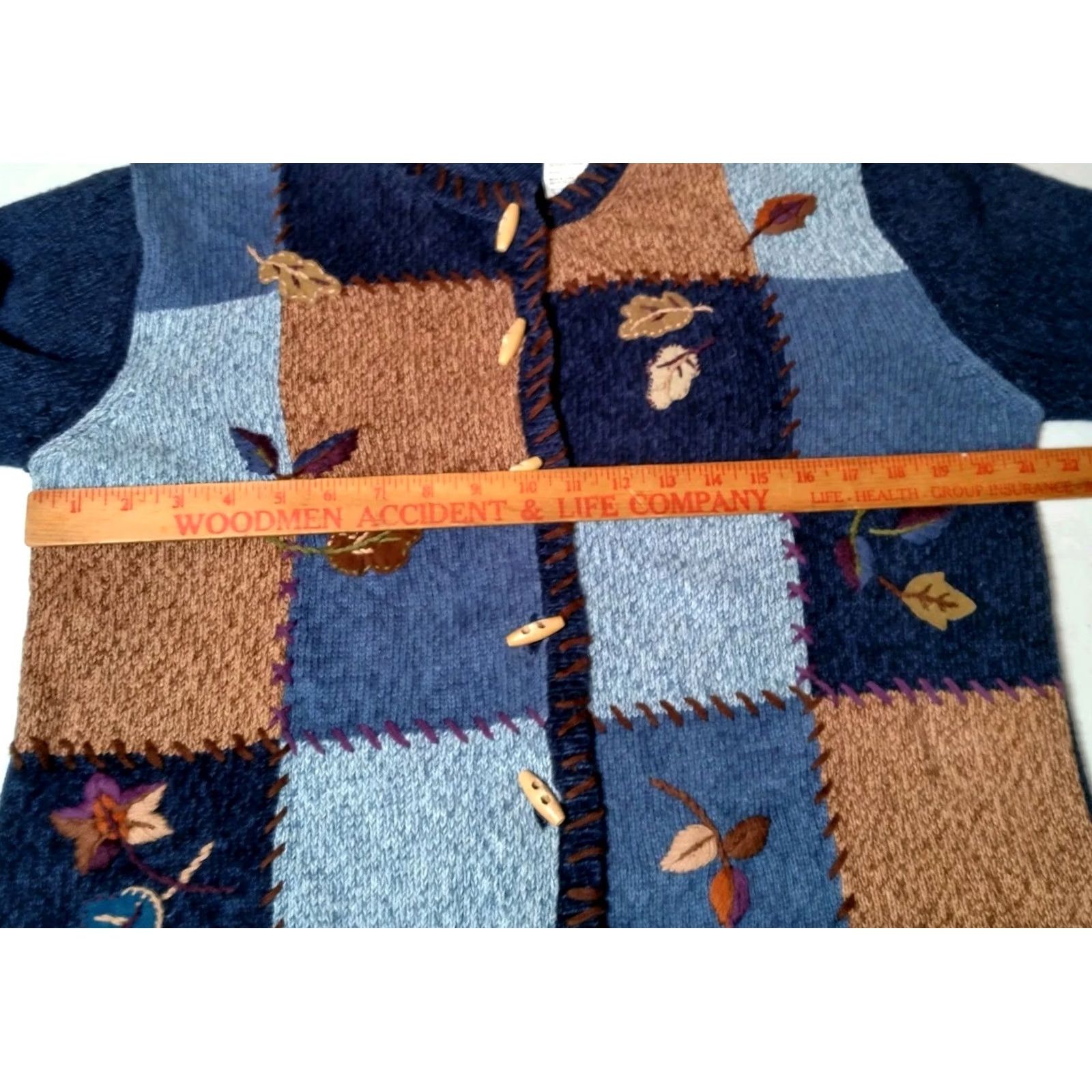CO VINTAGE Erika And Co Cardigan Sweater Women L Patchwork Blue Brown Fall Leaves Leaf Size L / US 10 / IT 46 - 4 Thumbnail