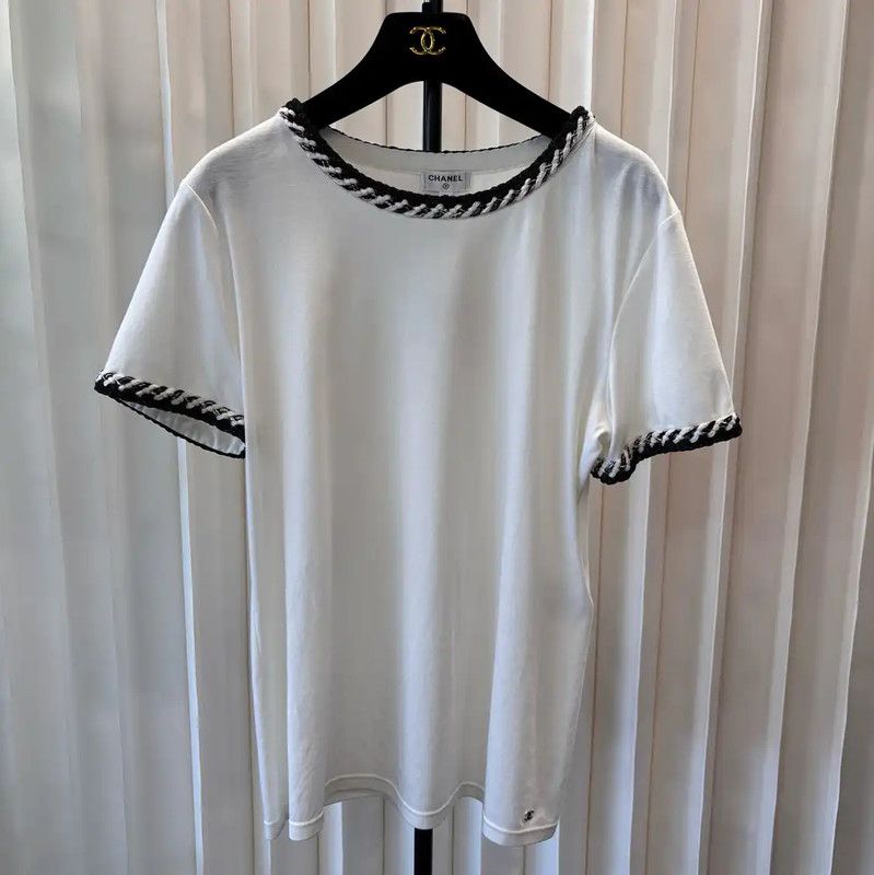 Chanel Chanel White Cotton T-shirt with Black Trim 0089 Size L / US 10 / IT 46 - 1 Thumbnail