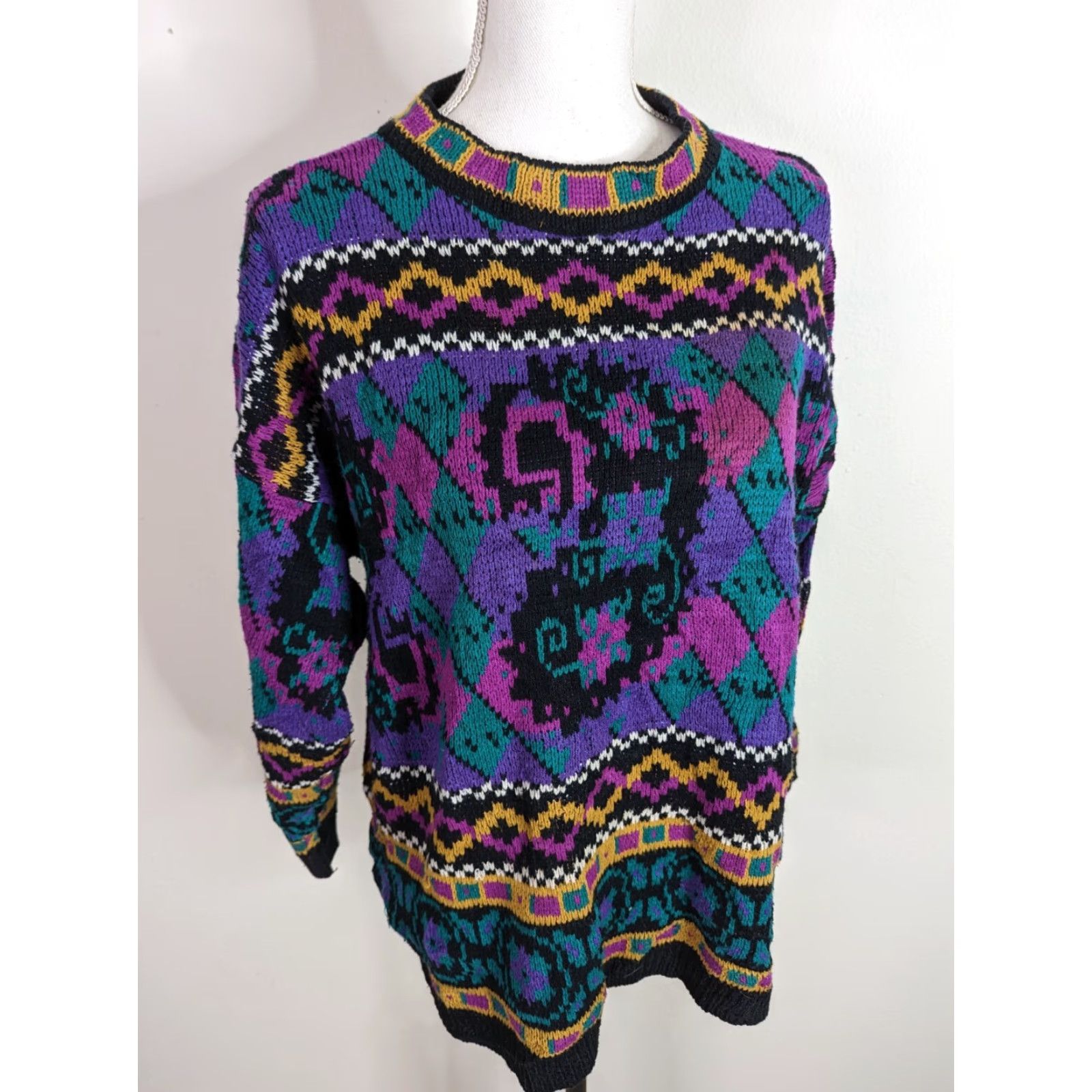 Worthington VTG 90s Nordic Ski Sweater Fair Isle Black Purple Mock Neck Women's Size M S11 Size M / US 6-8 / IT 42-44 - 2 Thumbnail