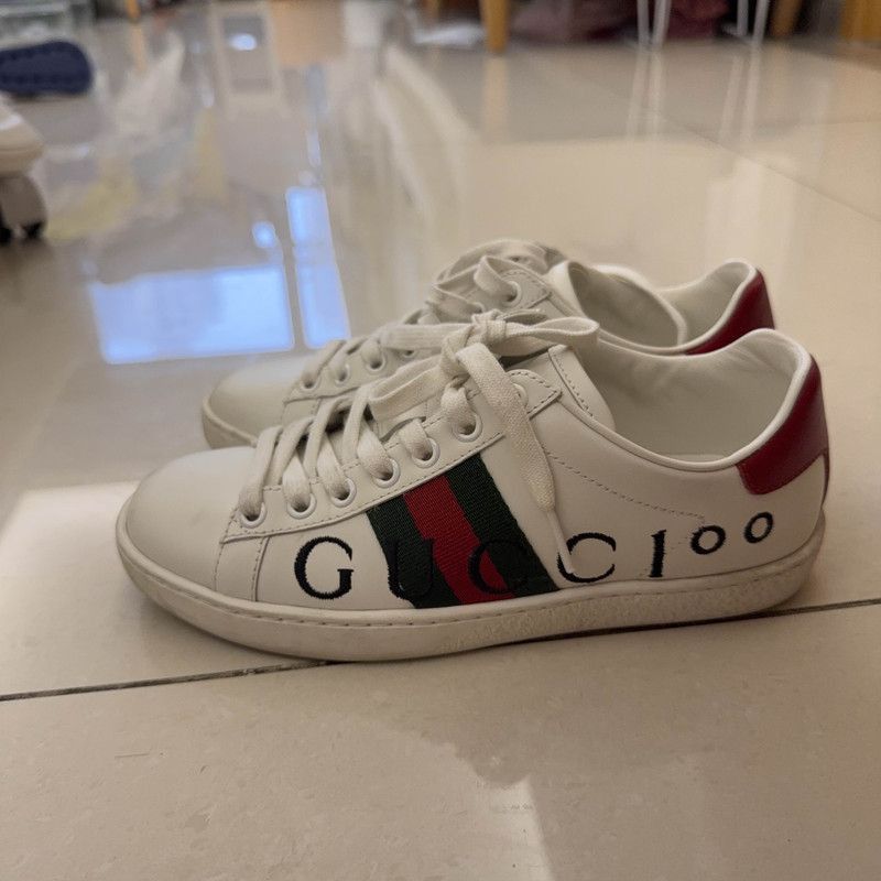 Gucci Gucci ACE Leather Sneakers with Red Green Webbing Size US 4 / IT 34 - 1 Thumbnail