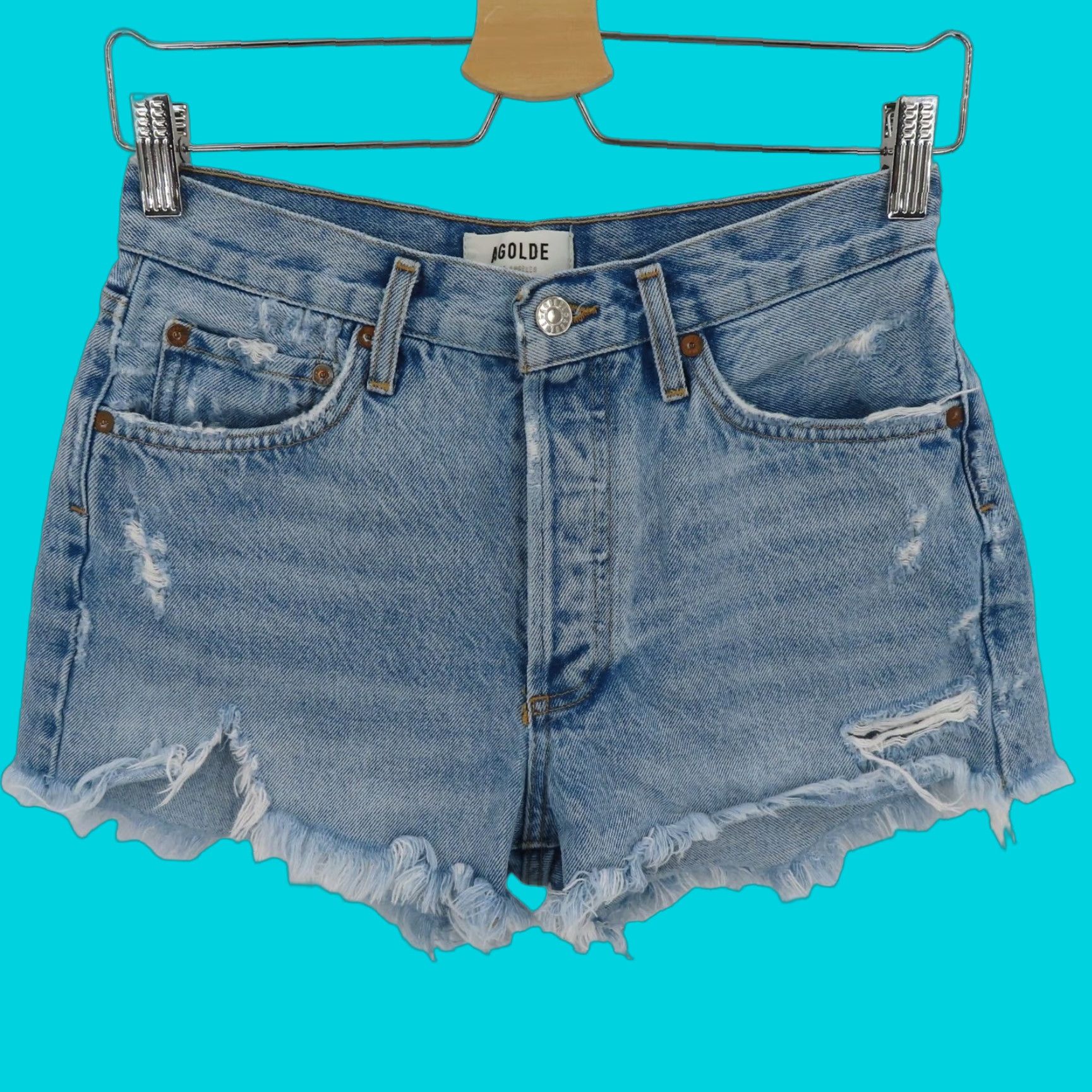 Agolde Agolde Parker Button Fly Distressed Raw Hem Blue Denim Jean Shorts Womens 25 Regular Cotton 100% Cotton Short Cut-Off Jeans Size 42" / US 20 - 1 Thumbnail