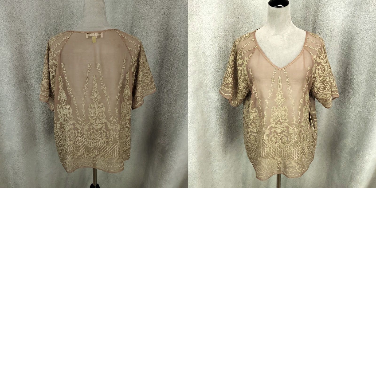 Vintage Sigrid Olsen Blouse Shirt Womens L Brown Tan Embroidered Sheer V-Neck Short Sleeve NWT W/ Tags Size L / US 10 / IT 46 - 9 Thumbnail