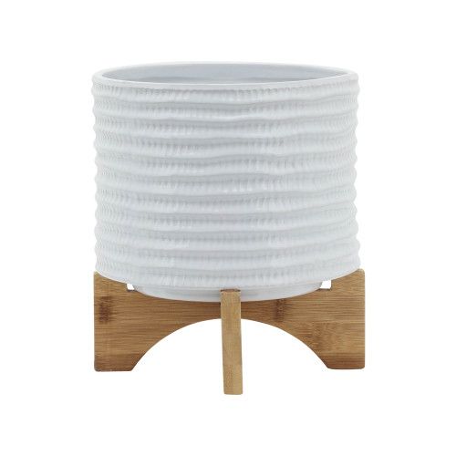 8 TEXTURED PLANTER W/ STAND, WHITE