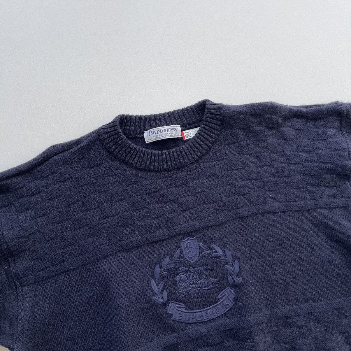 Burberry × Vintage Burberrys Vintage 90’s Big Logo Wool Knit Sweater Navy Rare Size US L / EU 52-54 / 3 - 2 Thumbnail