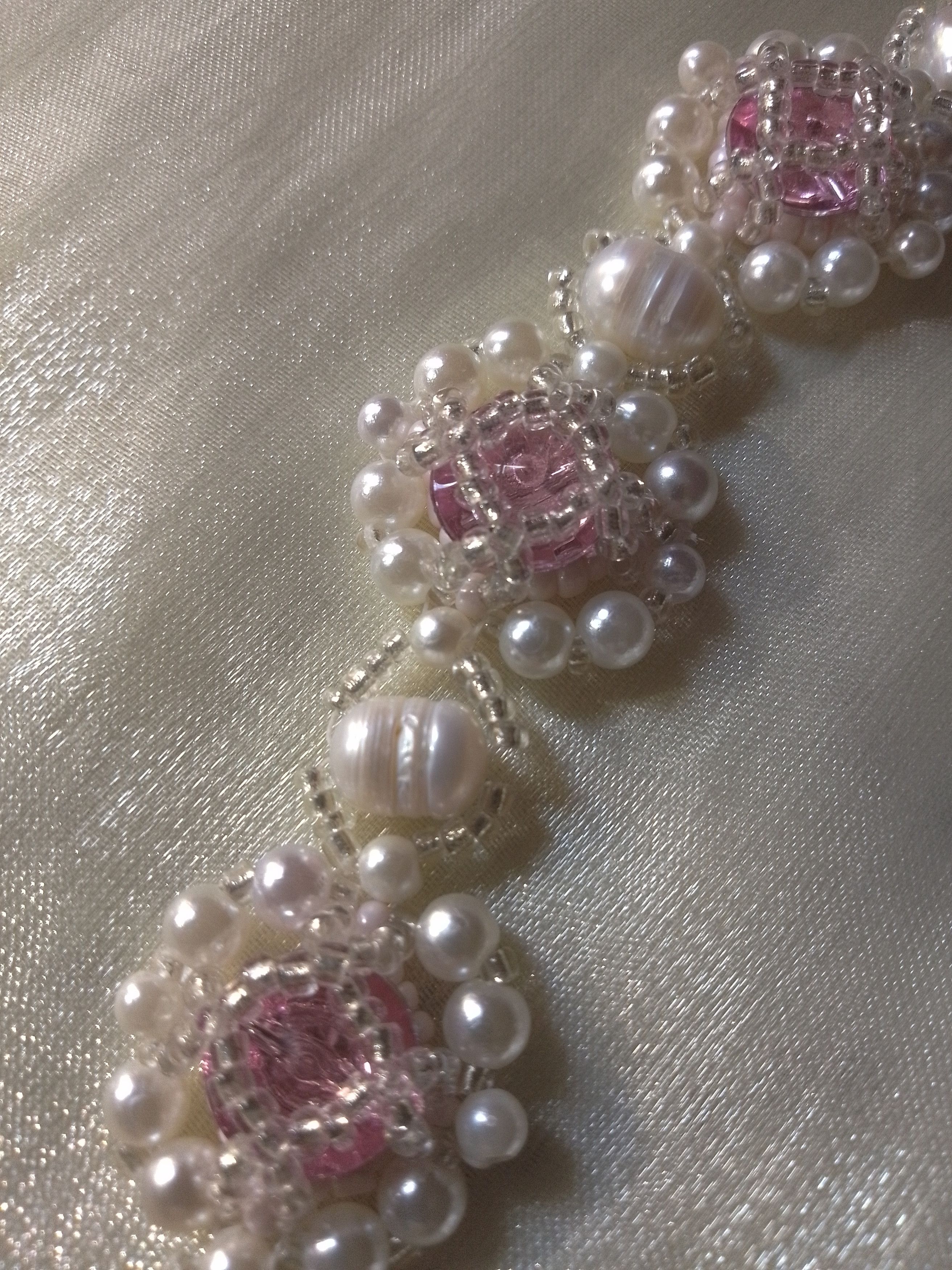 Handmade Jewelery Set Bracelet earrings pink zircons natural pearls Size ONE SIZE - 3 Thumbnail