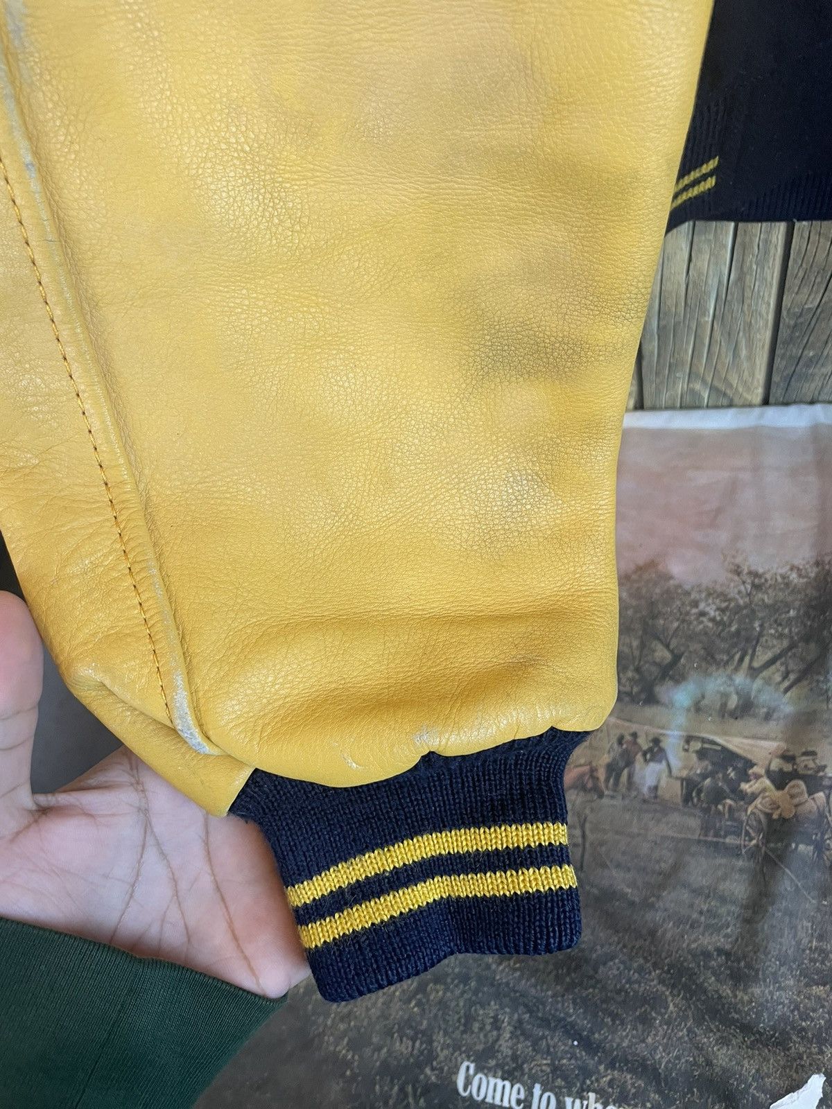 Macbeth × Vintage Vintage Macbeth Varsity sleeve leather Jacket Yellow Size US M / EU 48-50 / 2 - 6 Thumbnail