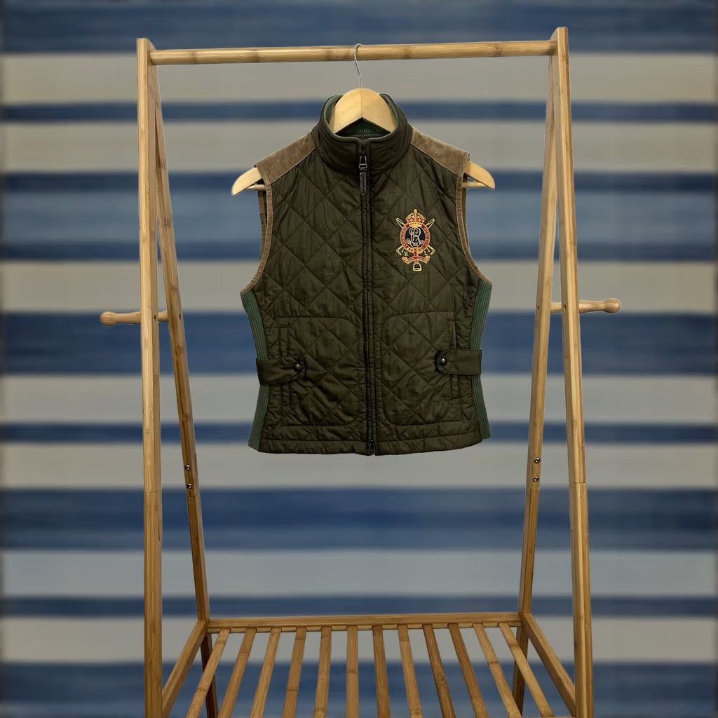 Ralph Lauren VINTAGE Ralph Lauren Women's RL Crest Quilted Suede Trim Equestrian Vest M Brown Green Crest Quilted Vest Womens Mens? Size M / US 6-8 / IT 42-44 - 1 Thumbnail