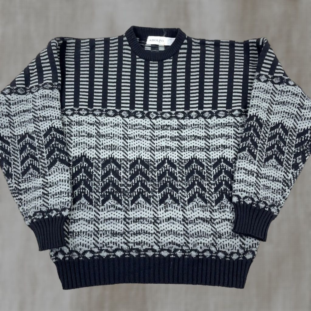 Vintage VINTAGE Adolfo Sweater XLT Black Gray Geometric Knit Pullover 90s Golf Mens Size US XL / EU 56 / 4 - 1 Thumbnail