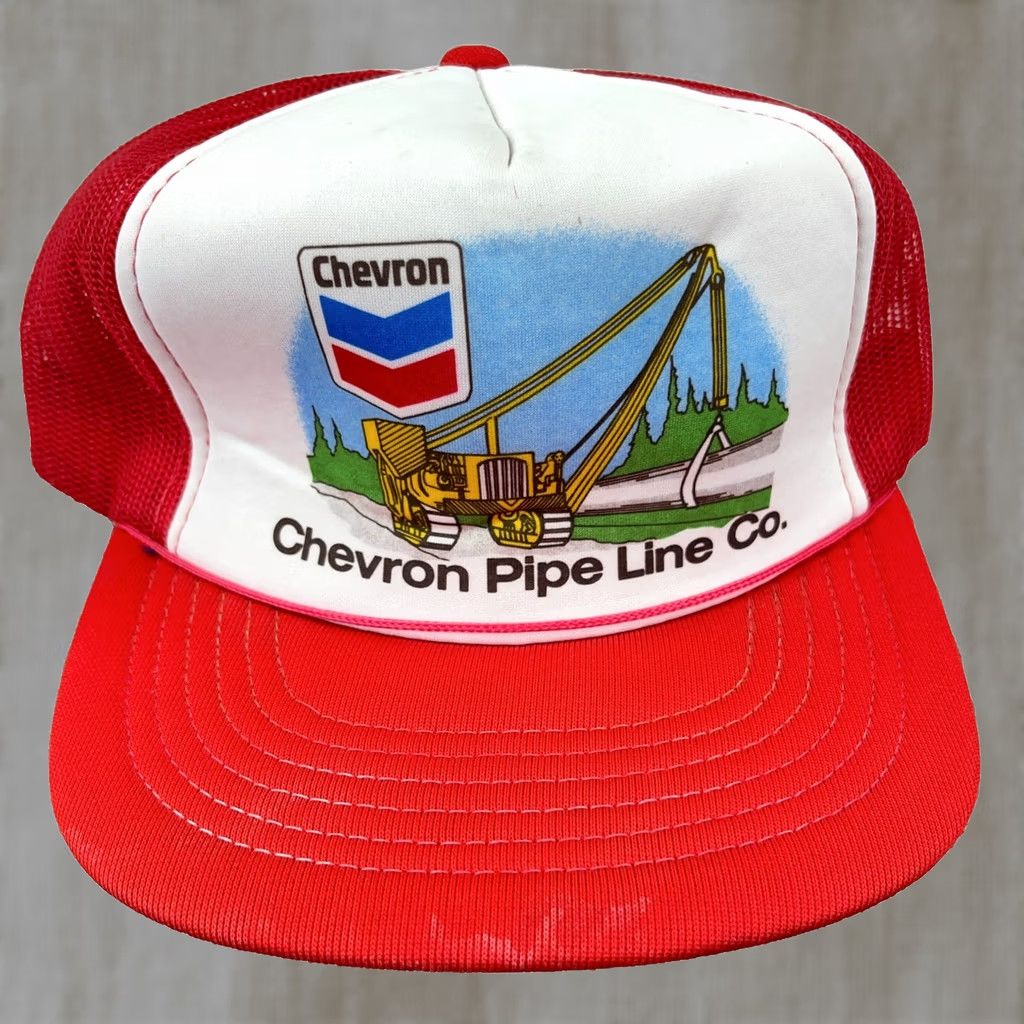 Vintage VINTAGE Chevron Pipe Line Trucker Hat Cap 90s Red Snapback Oil Gas Petroleum Rope Mens 80s Outdoor USA Size ONE SIZE - 1 Thumbnail