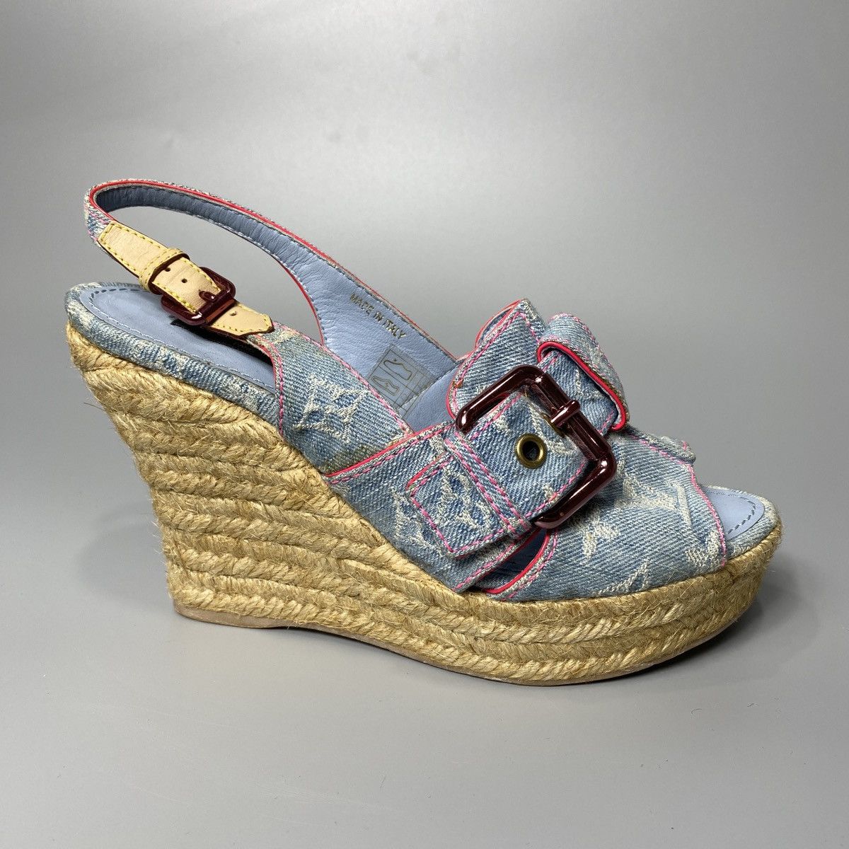 Louis Vuitton Bleached Monogram Denim Wedge Sandals Size US 7 / IT 37 - 10 Thumbnail