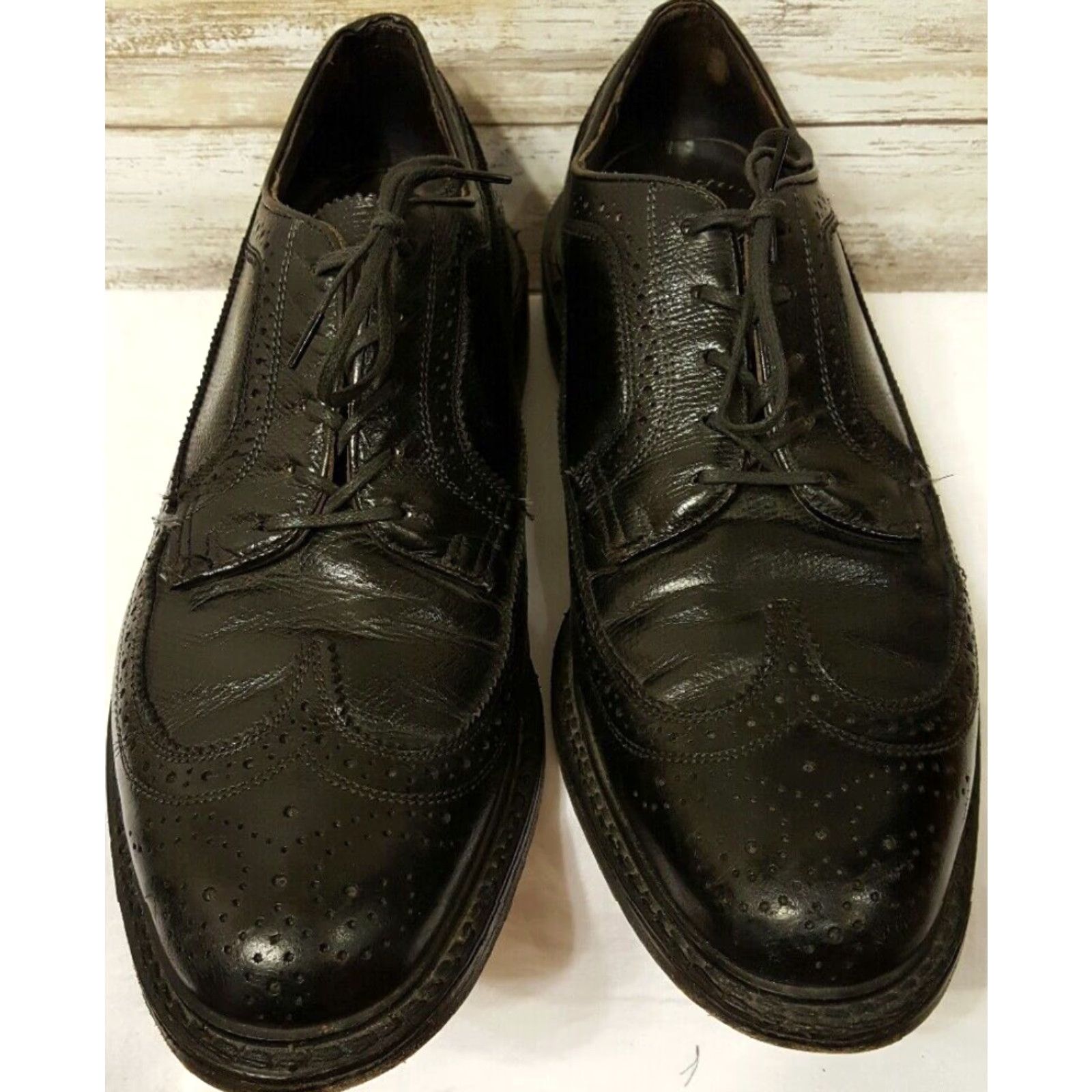 Vintage VINTAGE Leather Wingtip Dress Shoes Mens Black Brown USA 8.5 Medium Size US 8.5 / EU 41-42 - 3 Thumbnail