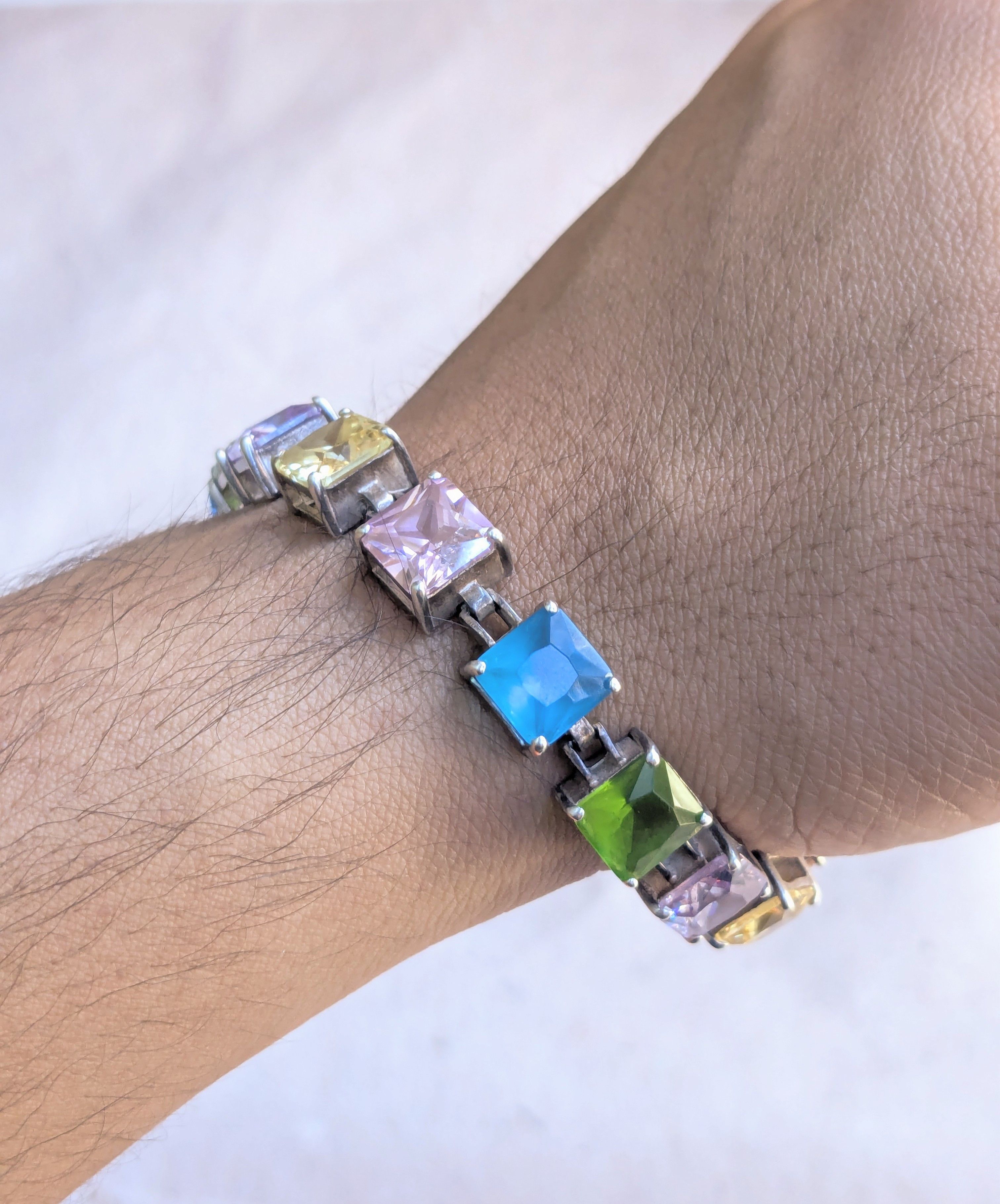 Sterling Silver Sterling Silver Tennis Bracelet Rainbow Square 7.5" Y2K Size ONE SIZE - 16 Thumbnail