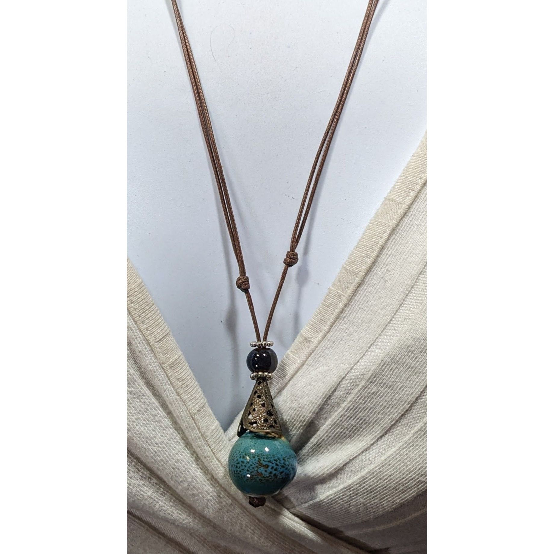 Other Bohemian Fantasy Blue Ceramic Pendant Necklace On Brown Cord Size ONE SIZE - 3 Thumbnail