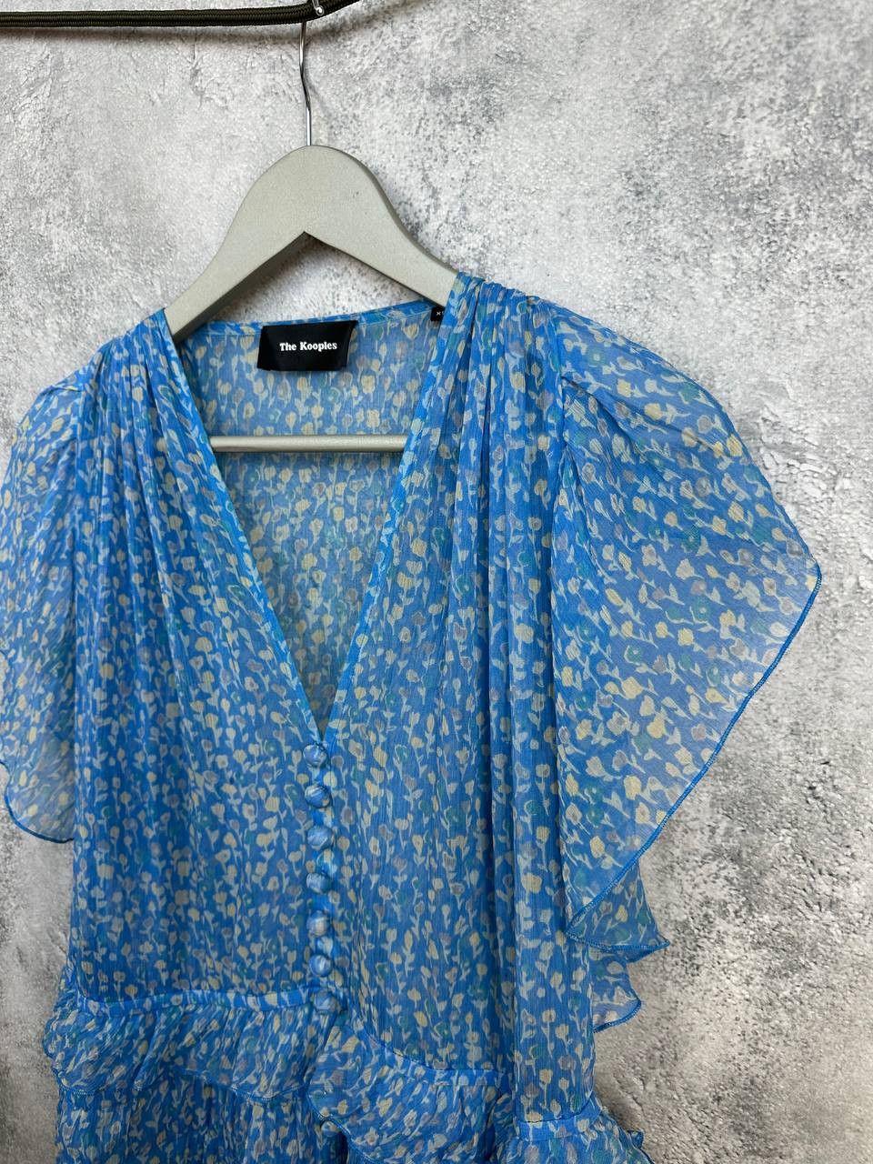 The Kooples THE KOOPLES Blue Lagoon Print Silk Ruffle Muslin Midi Dress Size XS / US 0-2 / IT 36-38 - 6 Thumbnail