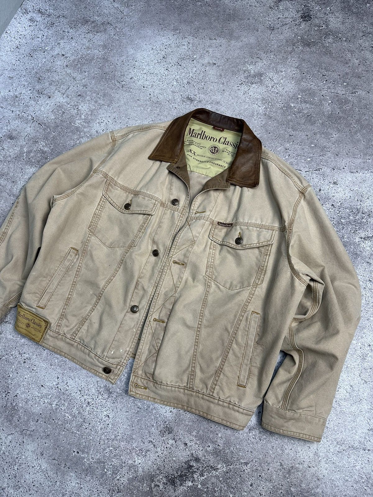 Vintage Vintage Marlboro Boxy Denim Jacket Beige Distressed Rare Size US XL / EU 56 / 4 - 3 Thumbnail