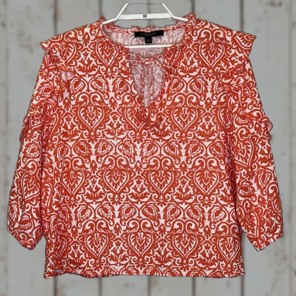 Vintage Marc New York Boho Top Womens Size L Orange Damask 3/4 Sleeve V-Tie Neck Linen Blouse Size L / US 10 / IT 46 - 1 Thumbnail