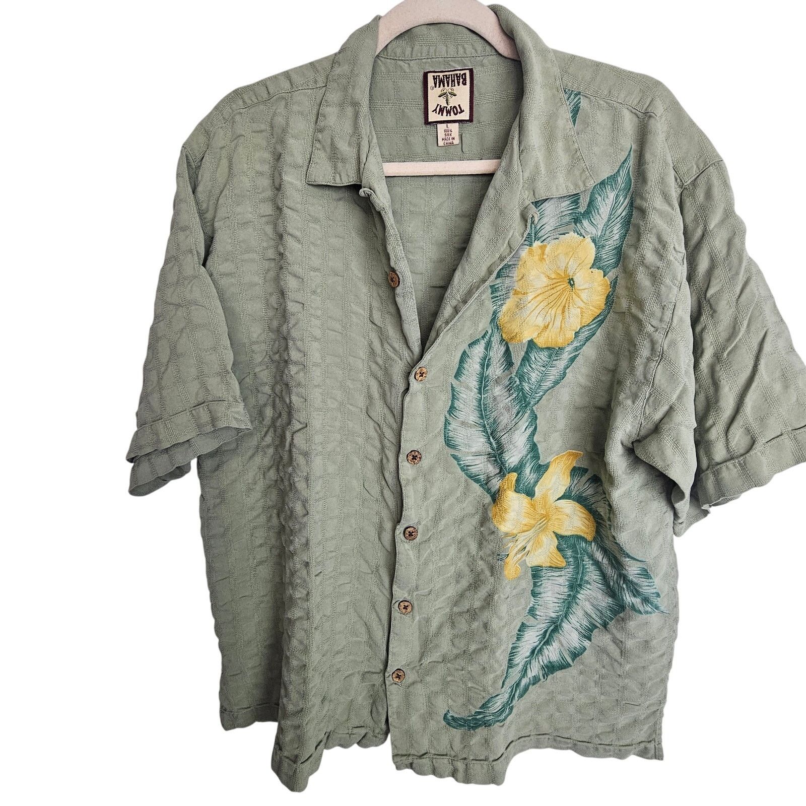 VTG Tommy Bahama Silk Shirt Men L Green Floral Seersucker