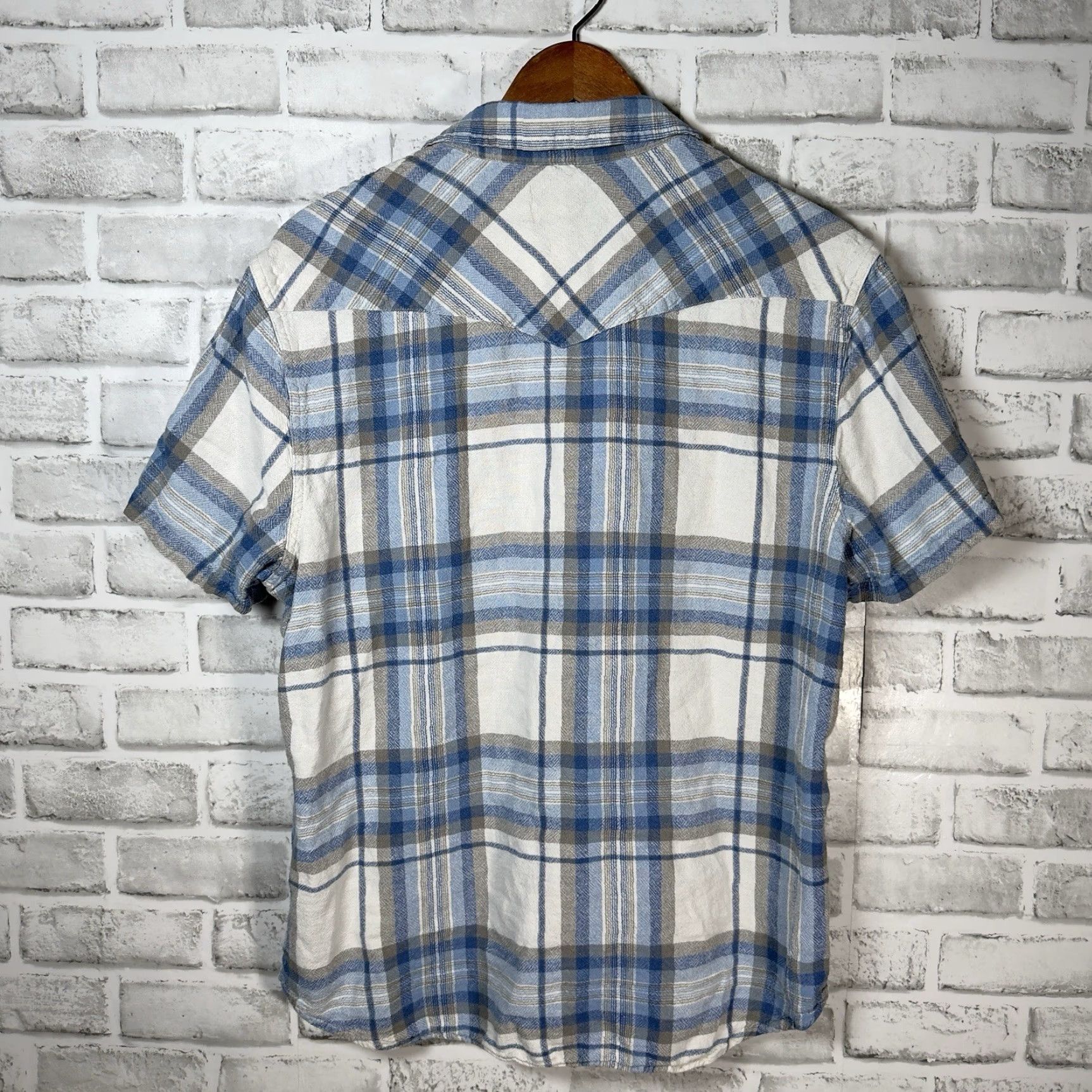 Lucky Brand Lucky Brand Linen Blend Snap Button Down Short Sleeve Plaid Shirt L Men Blue - Mens Shirt Size US 33 - 5 Thumbnail