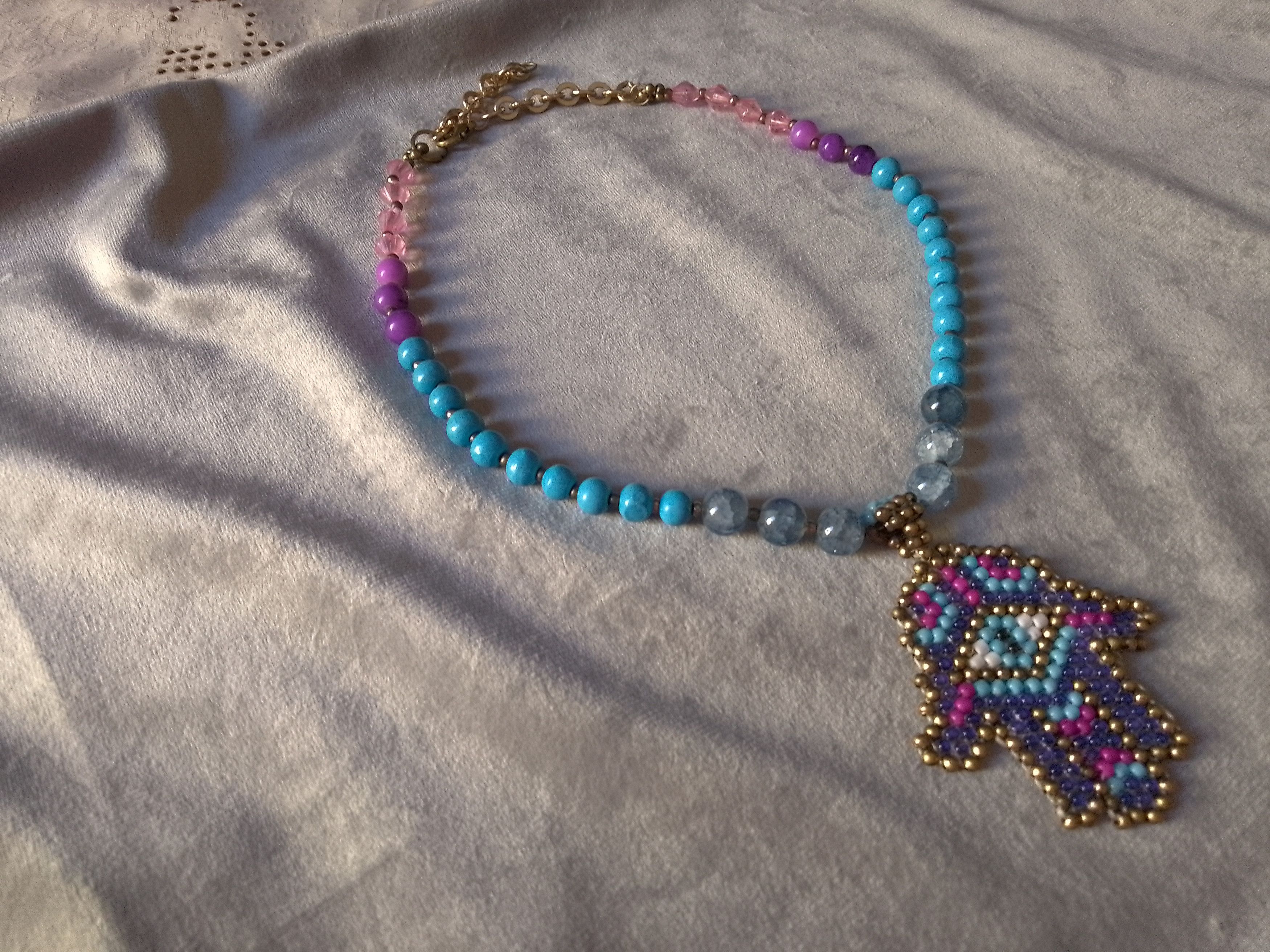 Handmade Necklace Blue Agate + Resin Hand of Fatima Lucky Charm Size ONE SIZE - 3 Thumbnail
