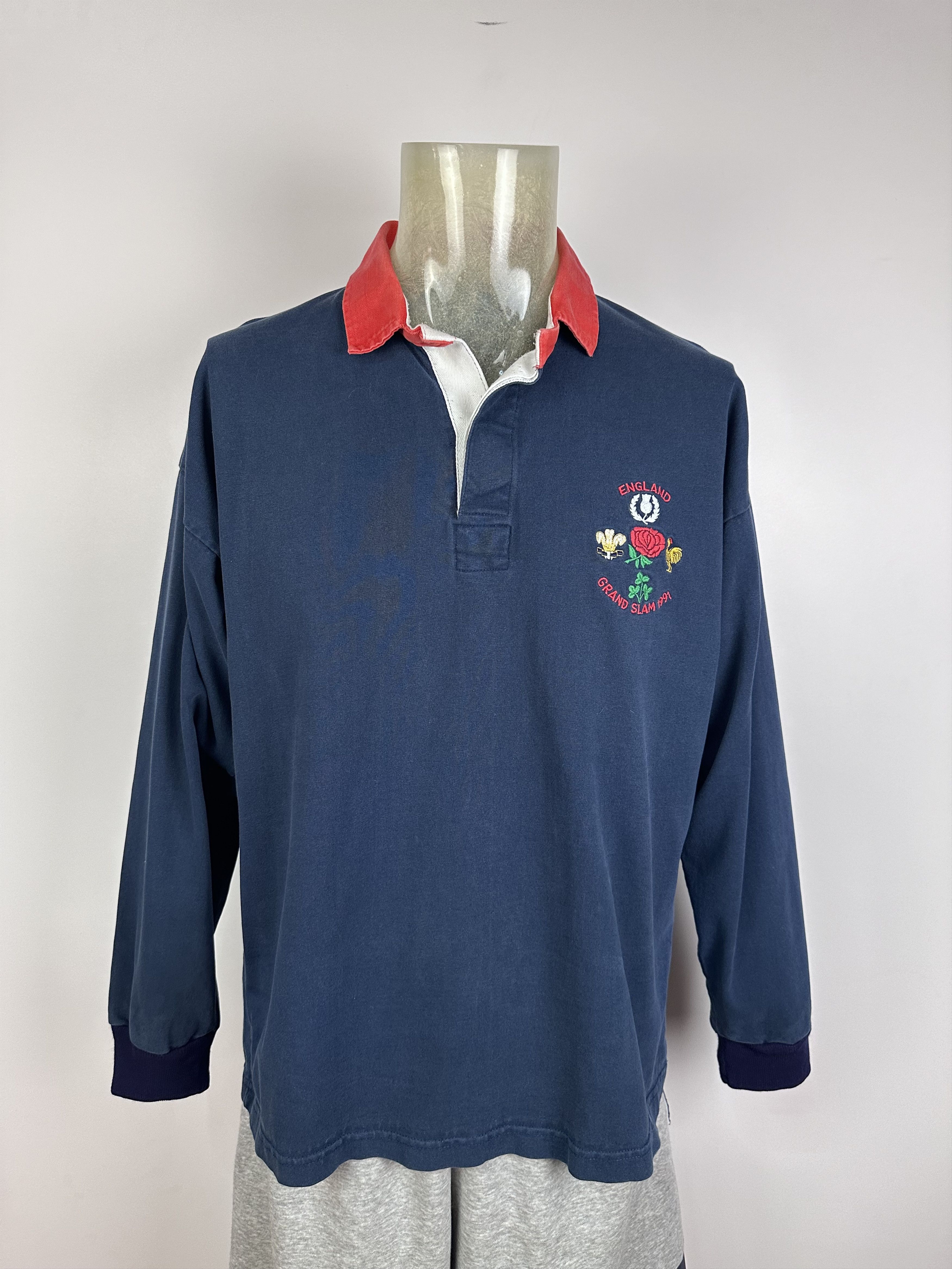 Vintage 1991 1992 England Grand Slam Rugby Union Shirt Jersey Blue Size US L / EU 52-54 / 3 - 1 Thumbnail