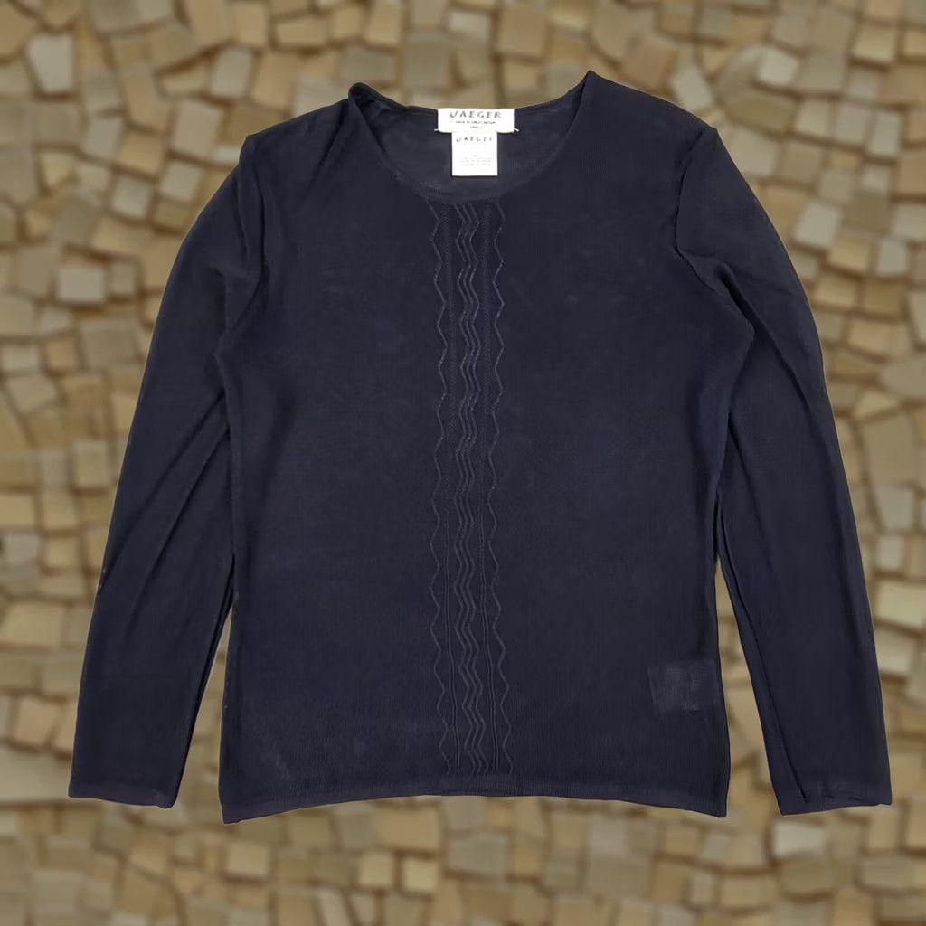 Jaeger Jaeger Jumper Navy Blue Small Womens Crew Neck Long Sleeve Lightweight Pullover Knitted Knit Breathable Casual Autumn Winter Pullover Size S / US 4 / IT 40 - 1 Thumbnail