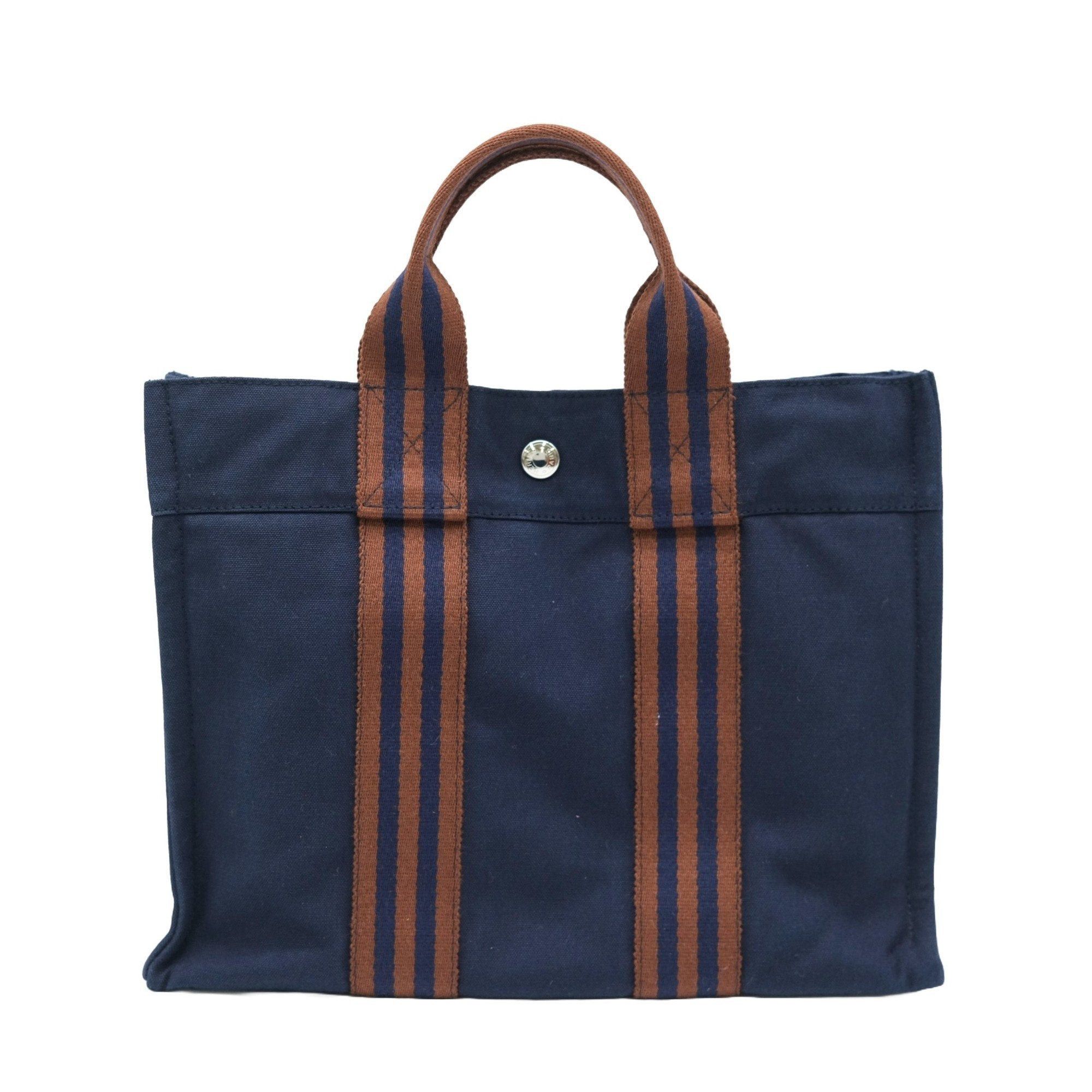 image of Hermes Foult Tote Bag Pm Handbag Navy Brown Canvas in Blue, Women's