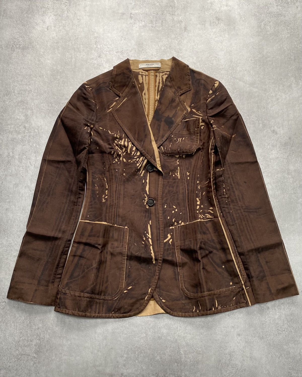 image of Ss2005 Prada Brown Tan Screen Overprint Silk Blazer (Xs), Women's (Size Medium)