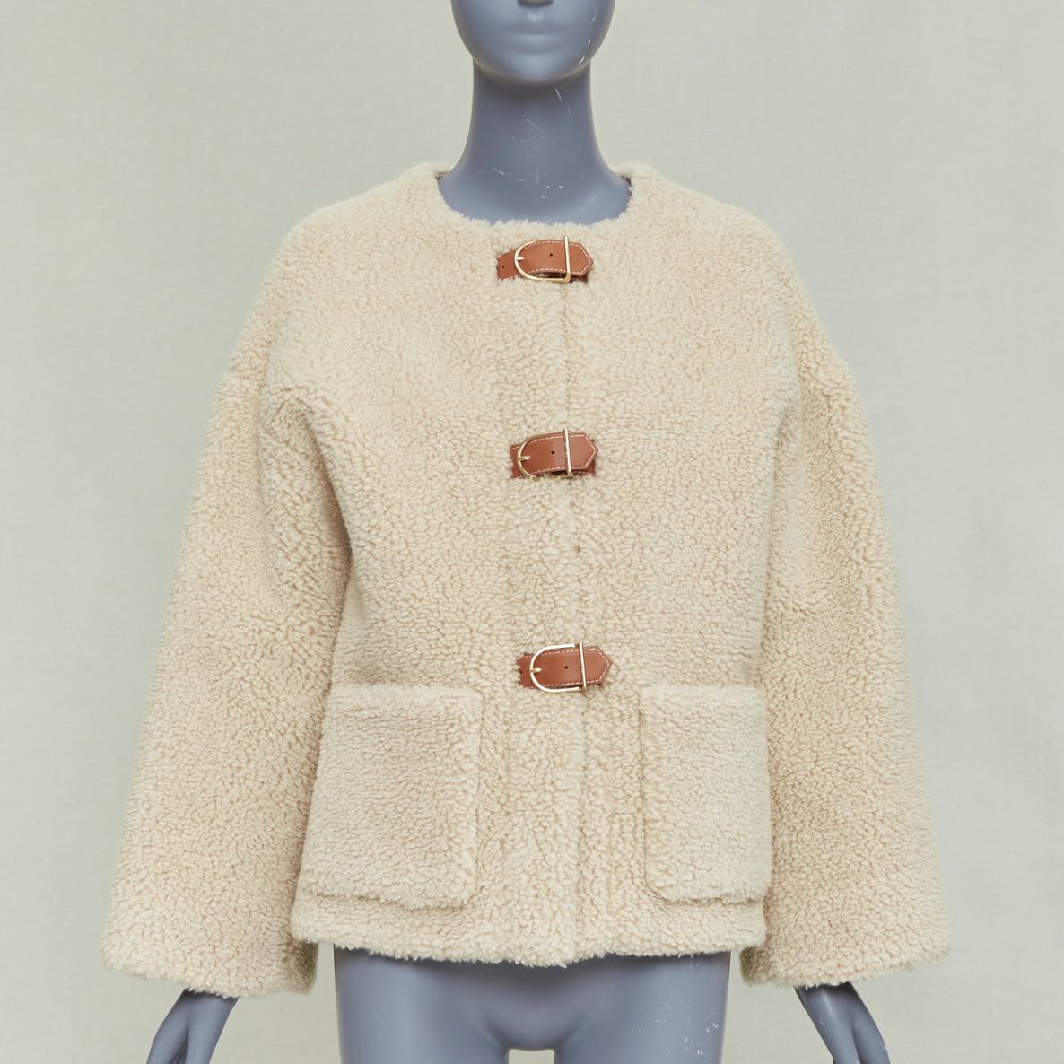 Celine CELINE Teddy ecru cashmere silk brown calfskin leather trim buckled coat FR34 XS Size XS / US 0-2 / IT 36-38 - 1 Thumbnail