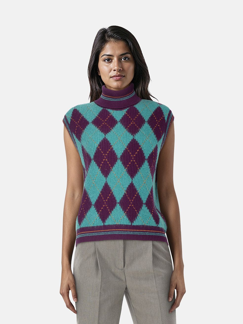Versace Teal & Purple Wool Argyle Knit Vest Size XL / US 12-14 / IT 48-50 - 1 Thumbnail