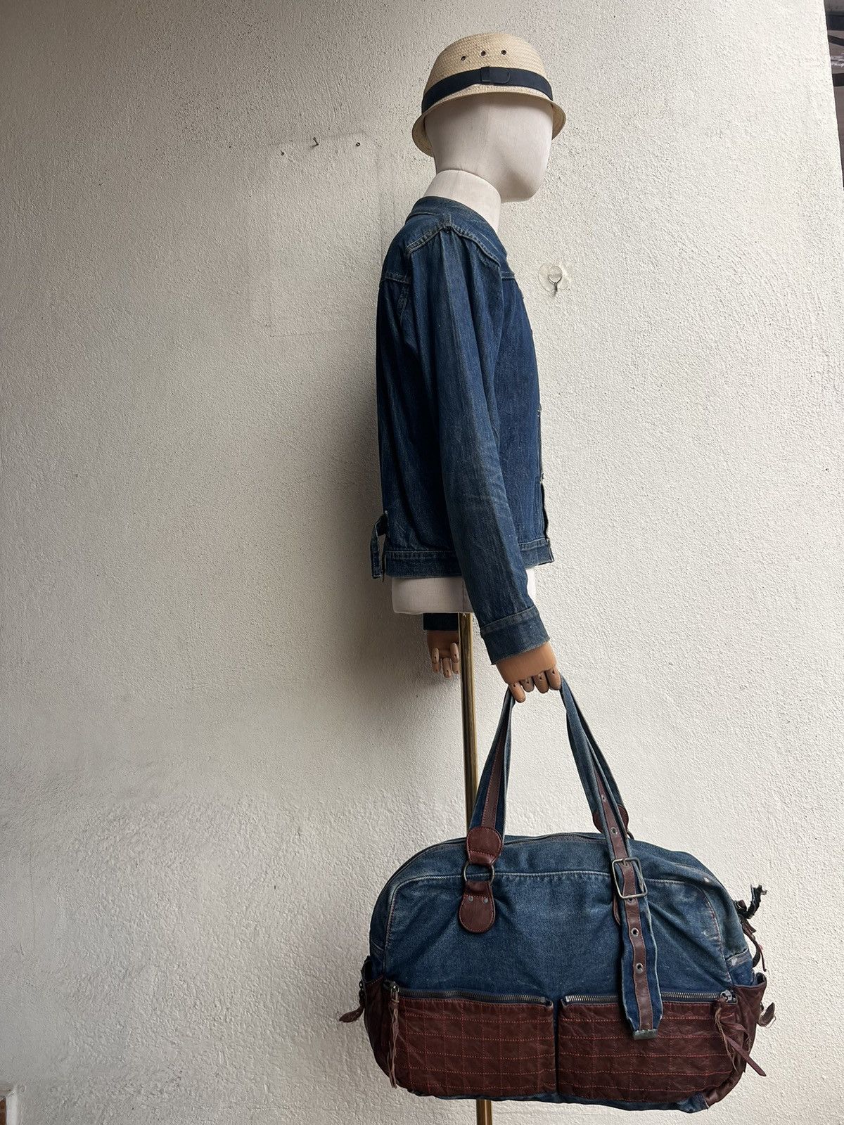 Vintage And A Japan Distress Fade Denim Cowhide Leather Large Bag Size ONE SIZE - 3 Thumbnail