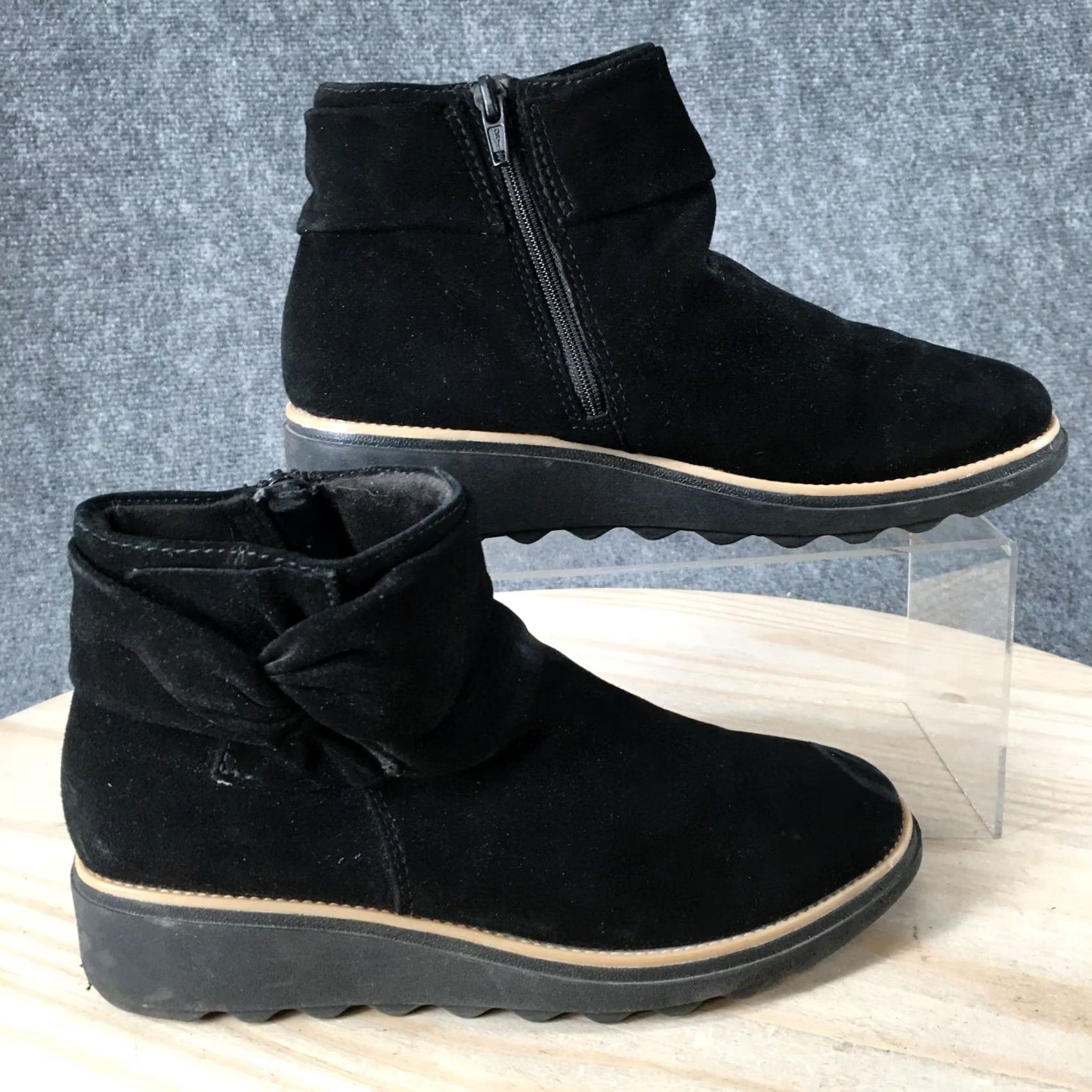 Clarks Clarks Boots Womens 7 M Sharon Swing Ankle Booties Wedge Black Suede Zipper Size US 7 / IT 37 - 2 Thumbnail