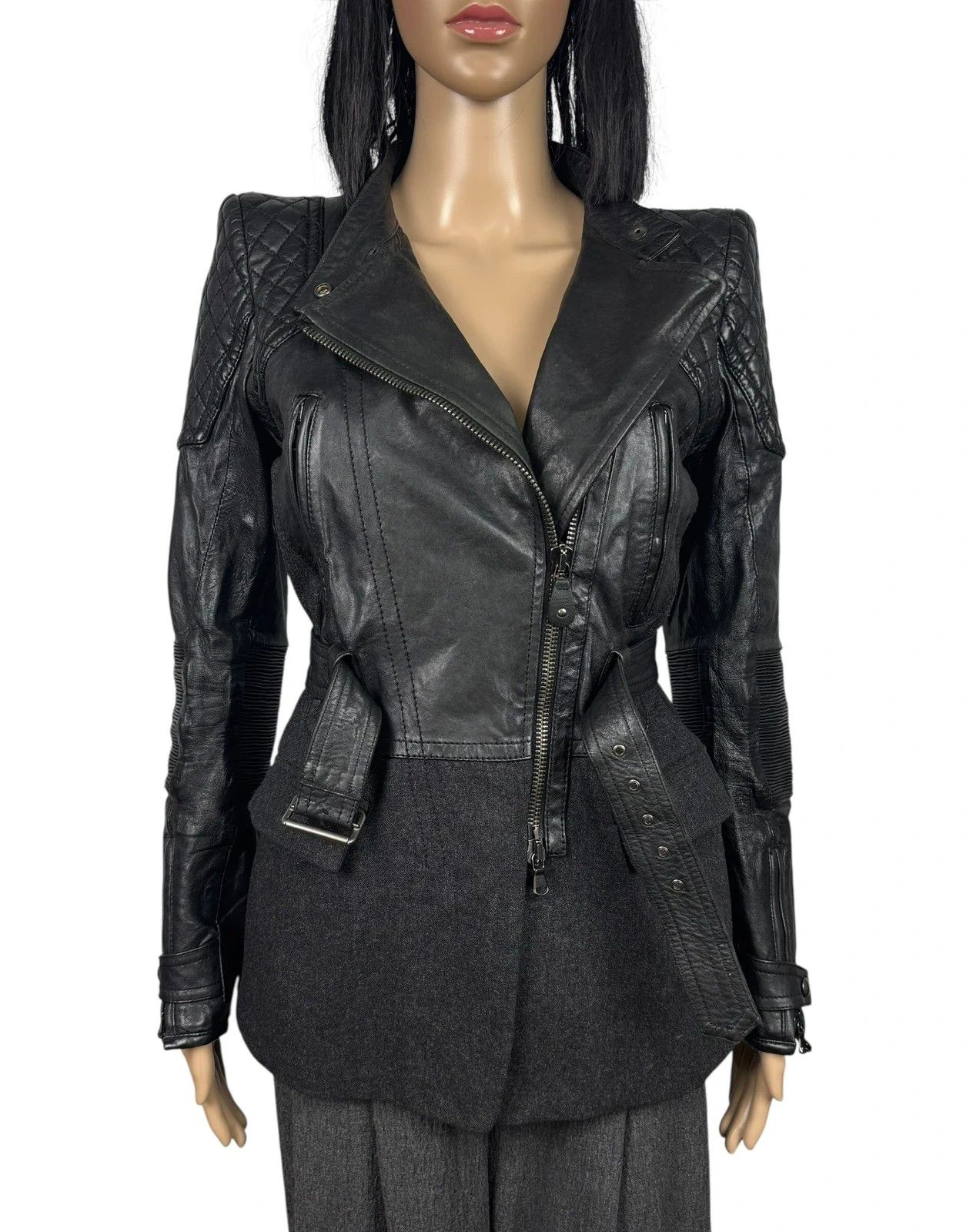 Diesel Black Gold Biker Belted Jacket Leather Wool size 40