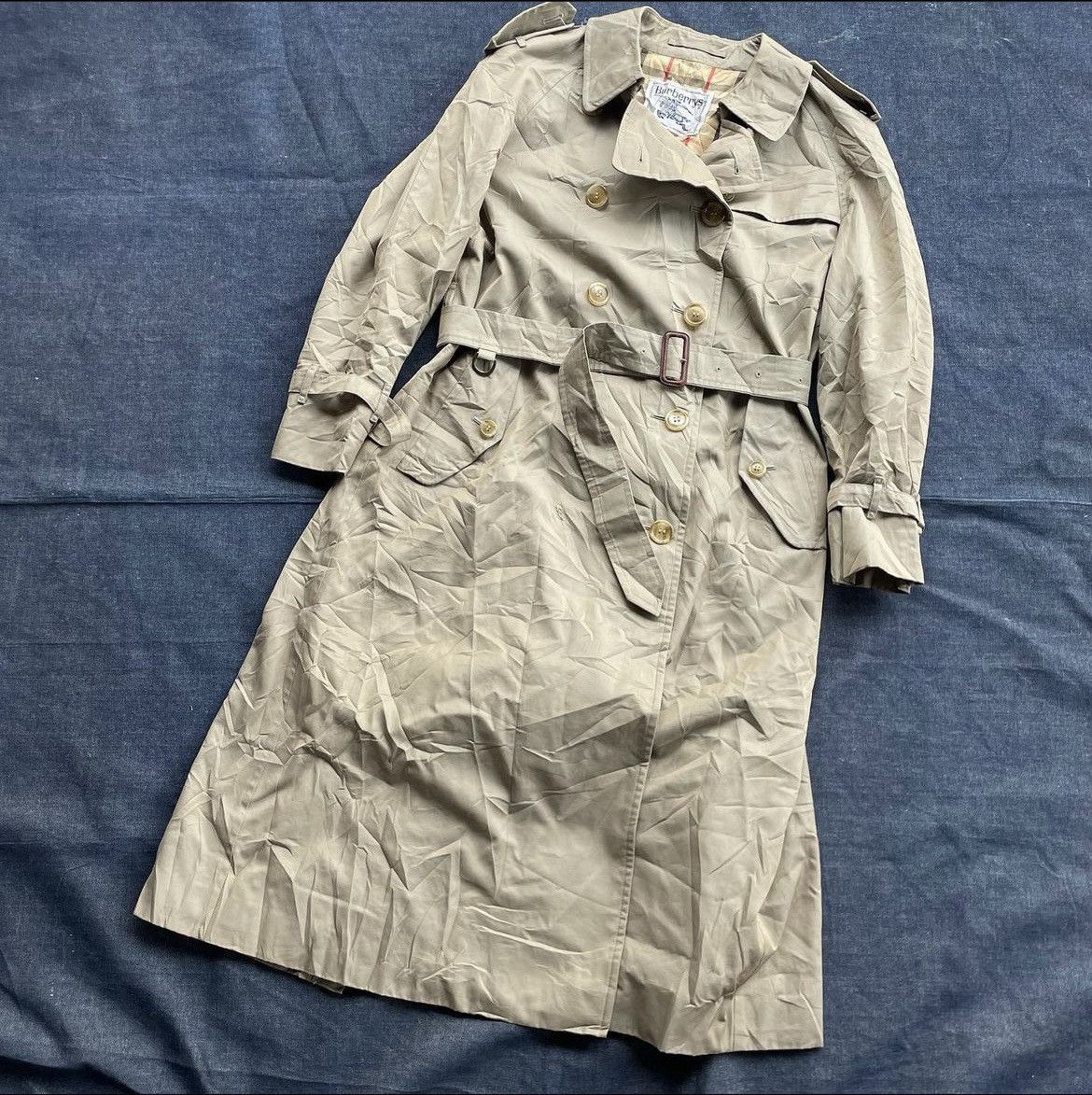 image of Vintage Burberry Double Breasted Nova Check Trench Coat in Kaki, Women's (Size Small)
