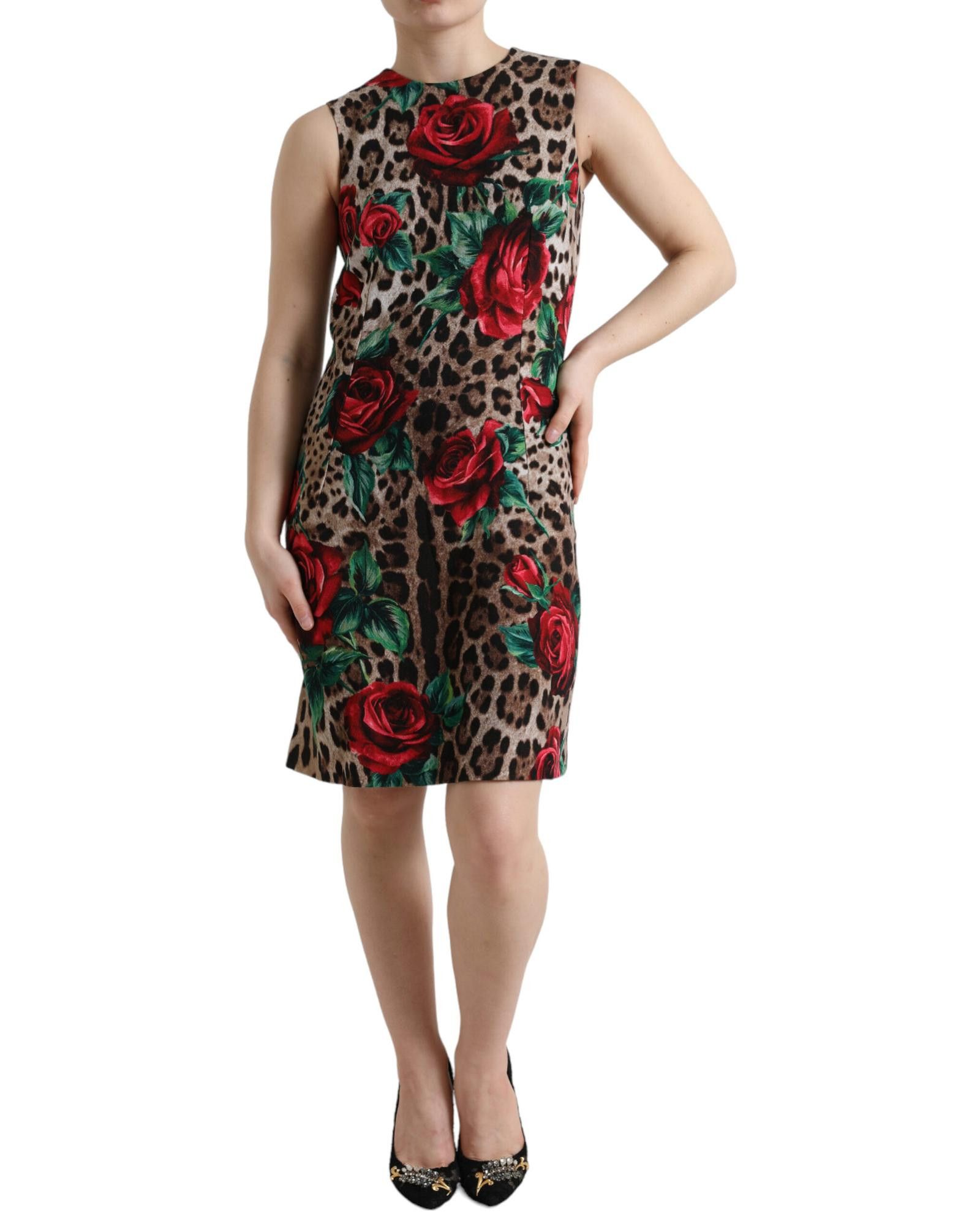 image of Dolce Gabbana Leopard And Rose Motif Wool A-Line Dress in Brown, Women's (Size XS)