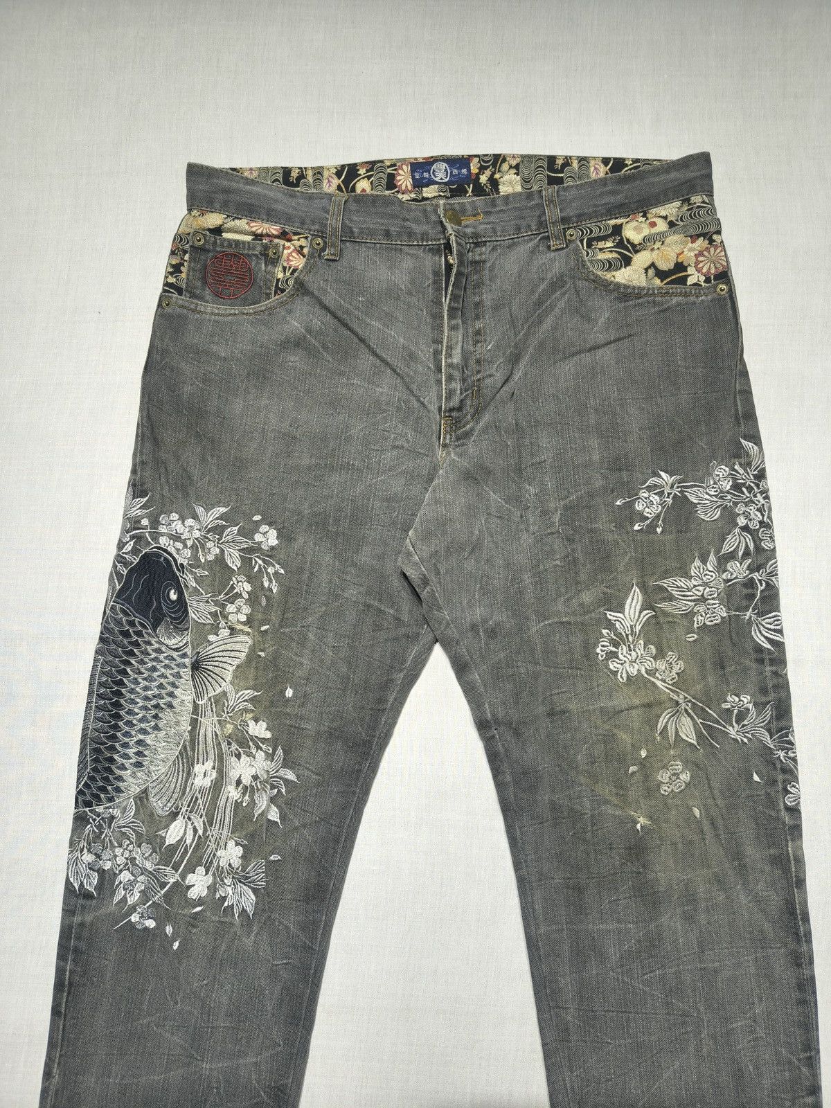 Japanese Brand CRAZY EMBROIDERY ALL OVER LUCKY KOI FISH JEANS 🐟🇯🇵(015) Size US 36 / EU 52 - 2 Thumbnail