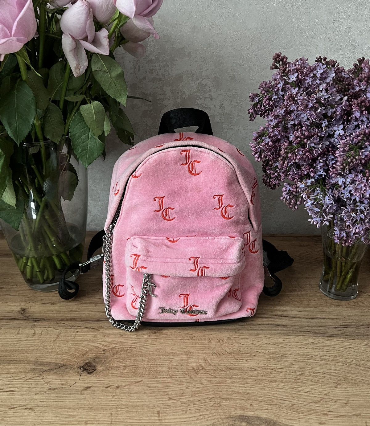 Juicy Couture Juicy Couture Monogram Pink Velour Backpack Size ONE SIZE - 1 Thumbnail