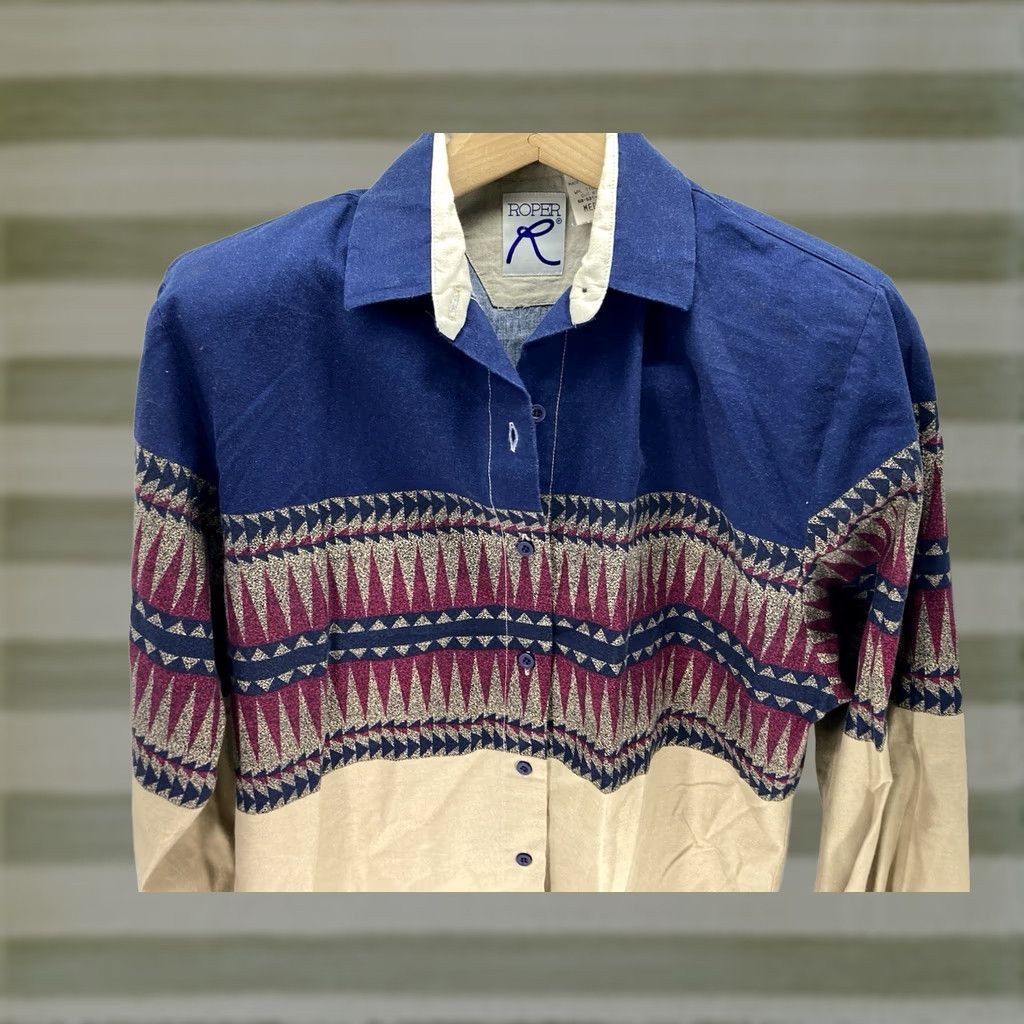 Roper VINTAGE Roper Aztec Western Shirt Women Medium Beige Blue Long Sleeve Button-Up Mens? (Note: Please replace with correct gender if needed) Size M / US 6-8 / IT 42-44 - 1 Thumbnail
