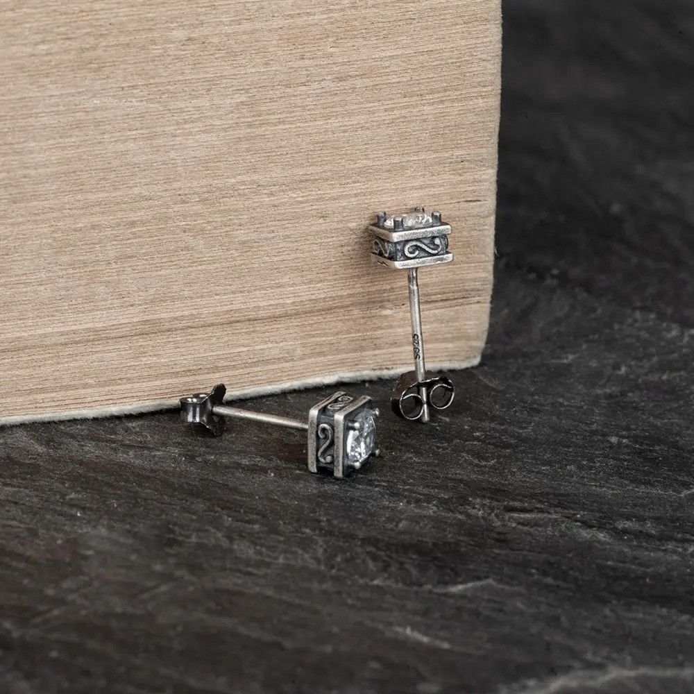 Jewelry Square Four Zircon Stud Earring 925 Sterling Silver Ear Gift Size ONE SIZE - 4 Thumbnail