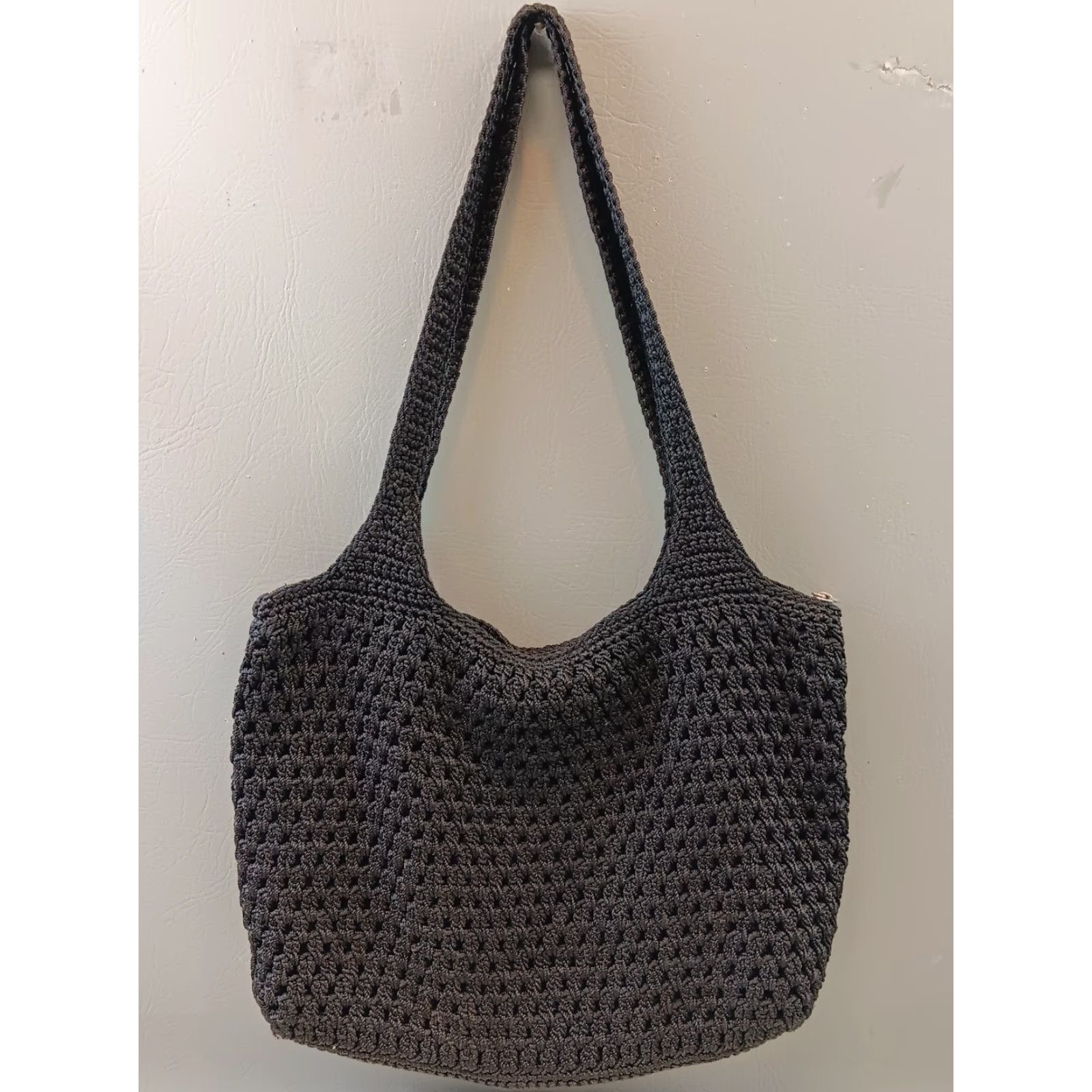 The Sak The Sak Crochet Handbag Black Purse Top Handle Bag Medium 12in x 10in Zip Lined Inner Pockets Double Handles Silver Hardware Womens Size ONE SIZE - 6 Thumbnail