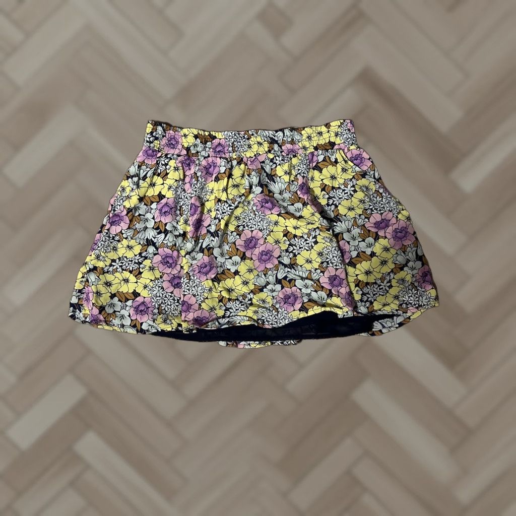 Anthropologie LeifNotes Skirt Women's Floral Petunia Yellow Purple Pockets sz 4 Above Knee Mini Lined Rayon Size 27" / US 4 / IT 40 - 1 Thumbnail